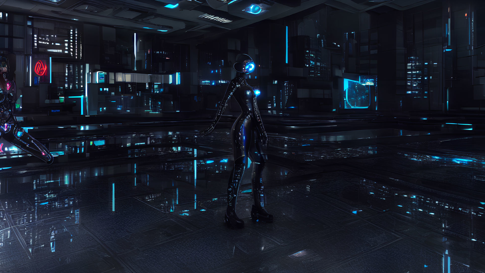 Futuristic humanoid robot in neon-lit room