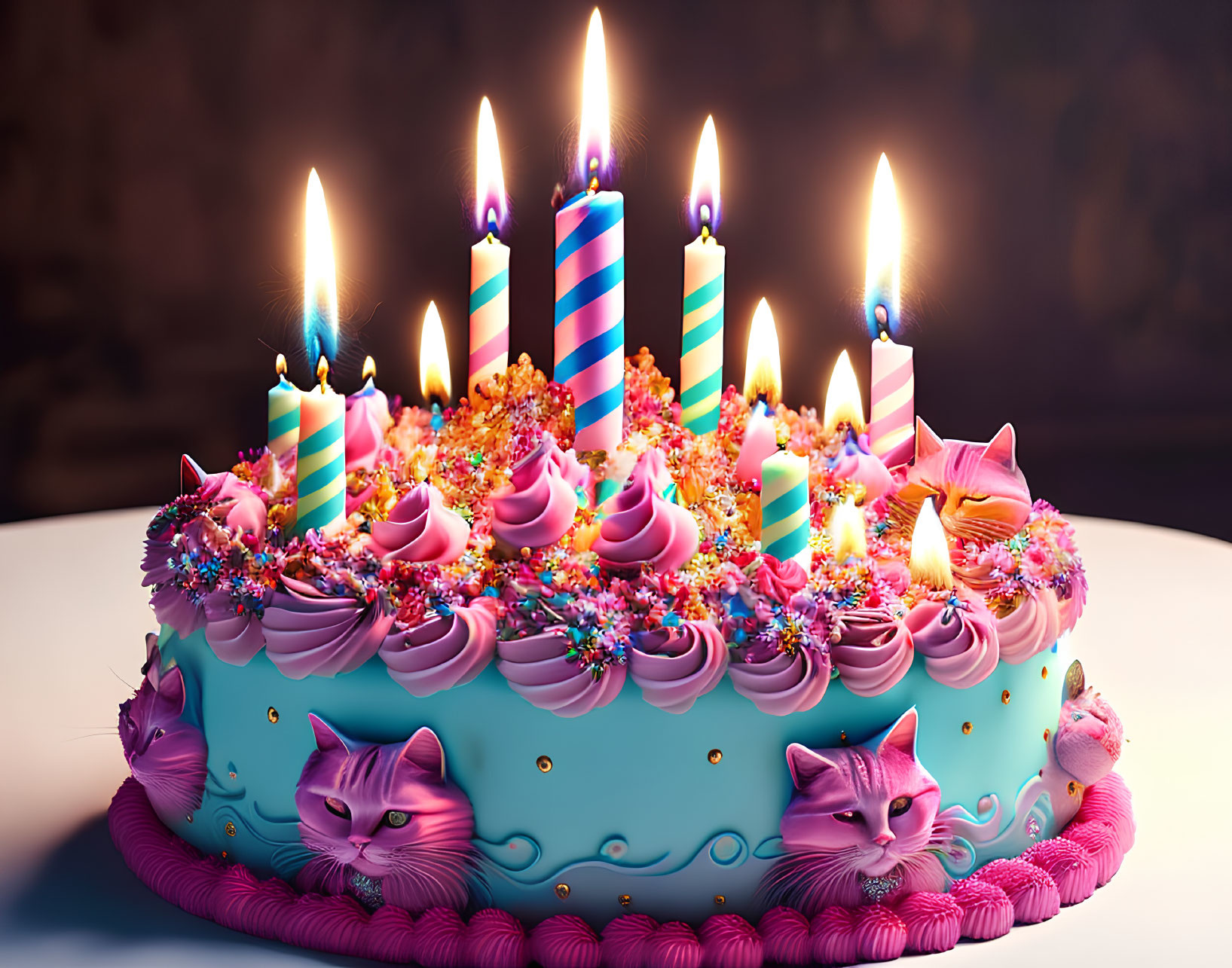 Colorful Birthday Cake with Cat Faces and Striped Candles on Platter