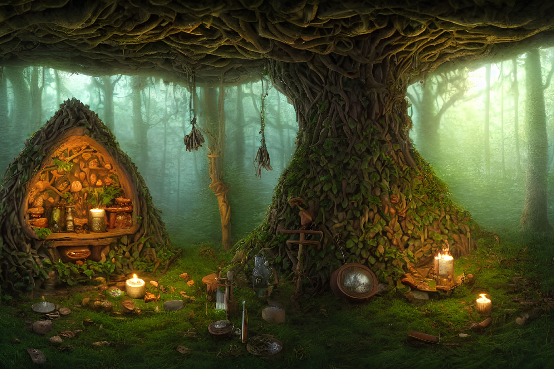 Enchanting Forest Scene with Cozy Treehouse & Potions