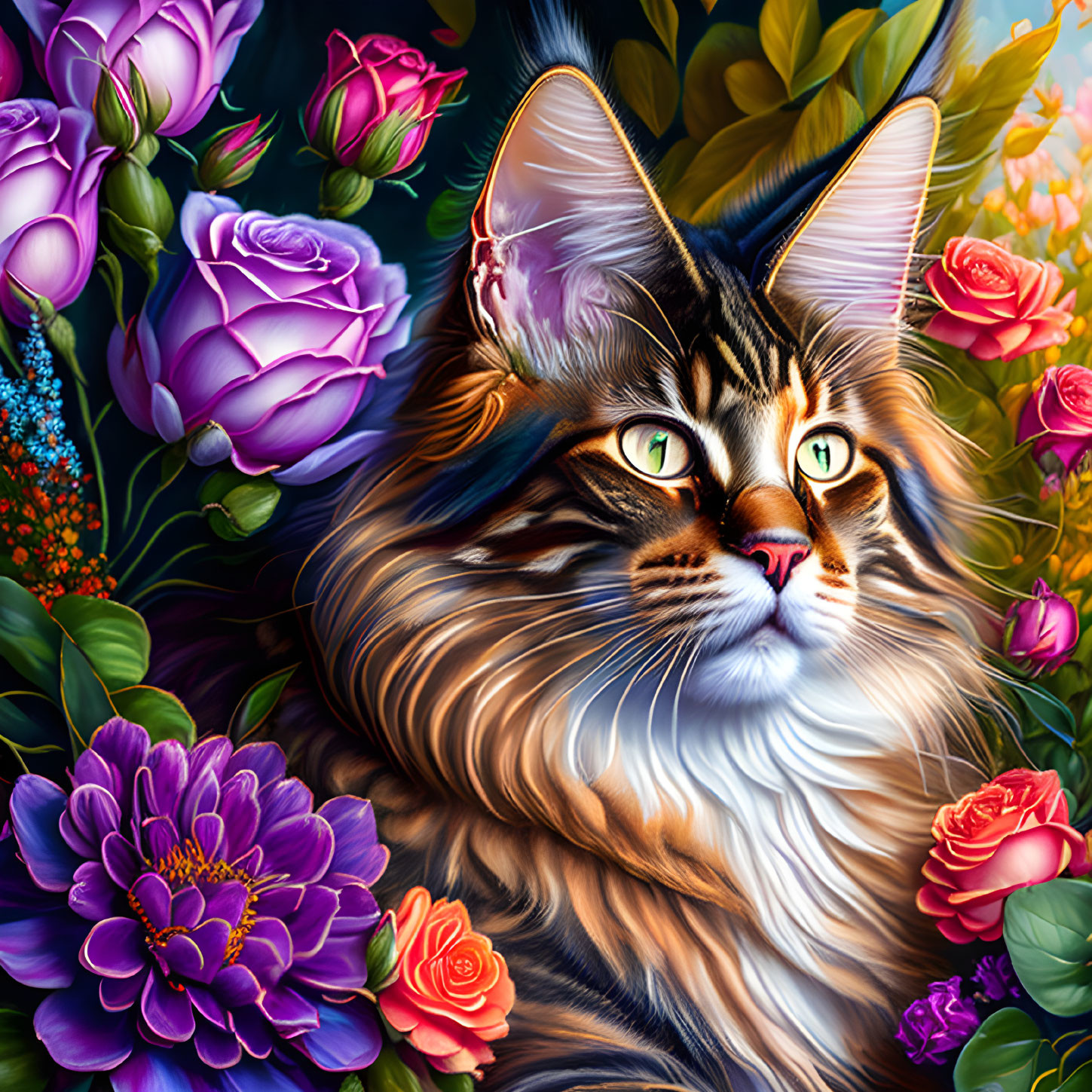 Colorful Tabby Cat Surrounded by Vibrant Flowers