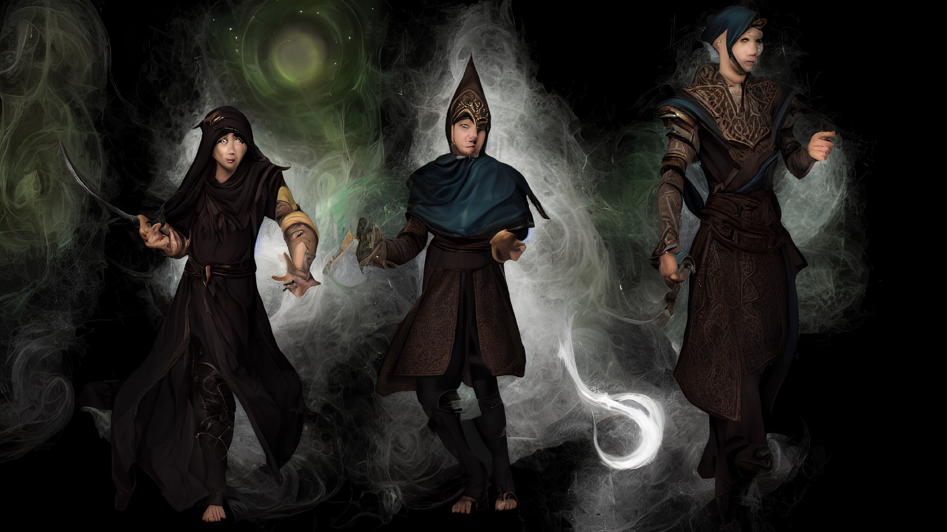 Three mystical fantasy characters wielding elemental powers on dark background