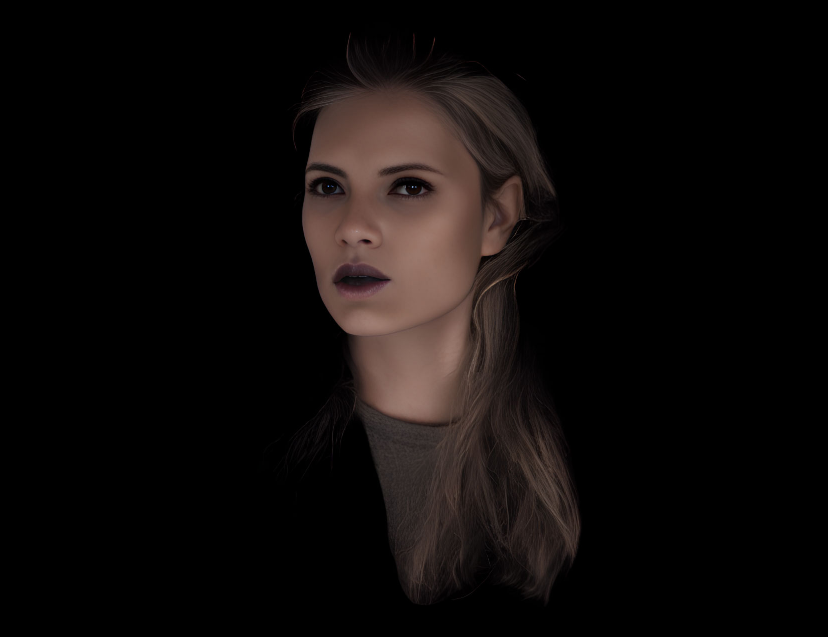 Digital portrait of woman with long hair in serious expression on dark background