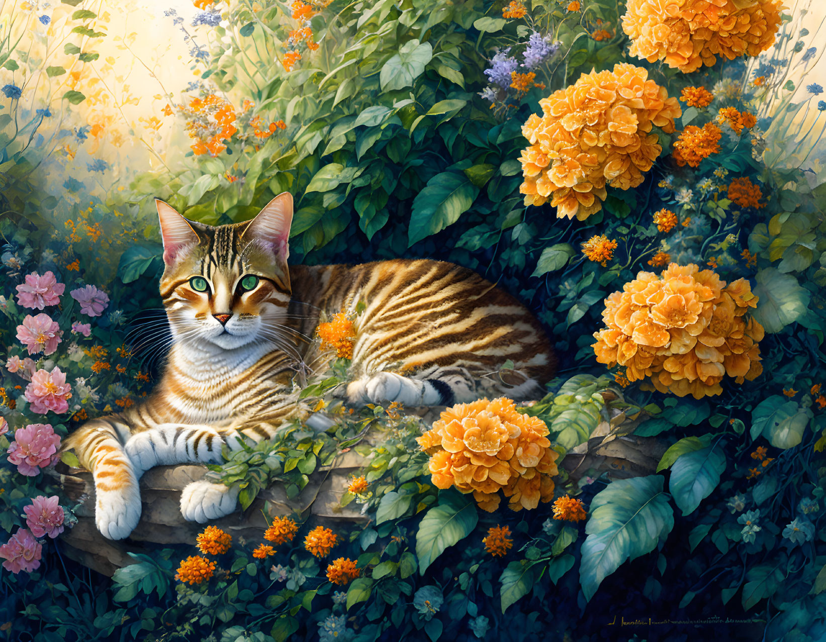 Tabby cat relaxing in vibrant flower garden