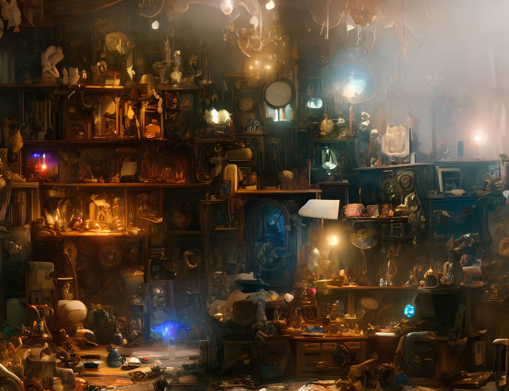 Eclectic, glowing artifacts in dimly lit room