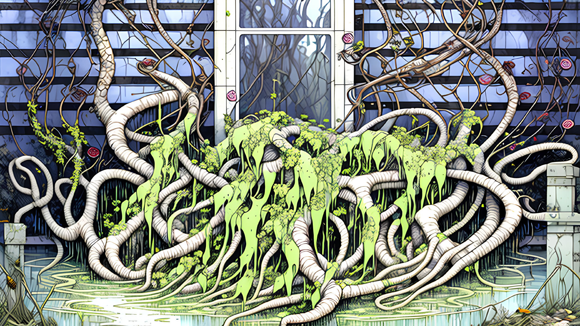 Colorful illustration of twisting vines with green foliage on glass structure