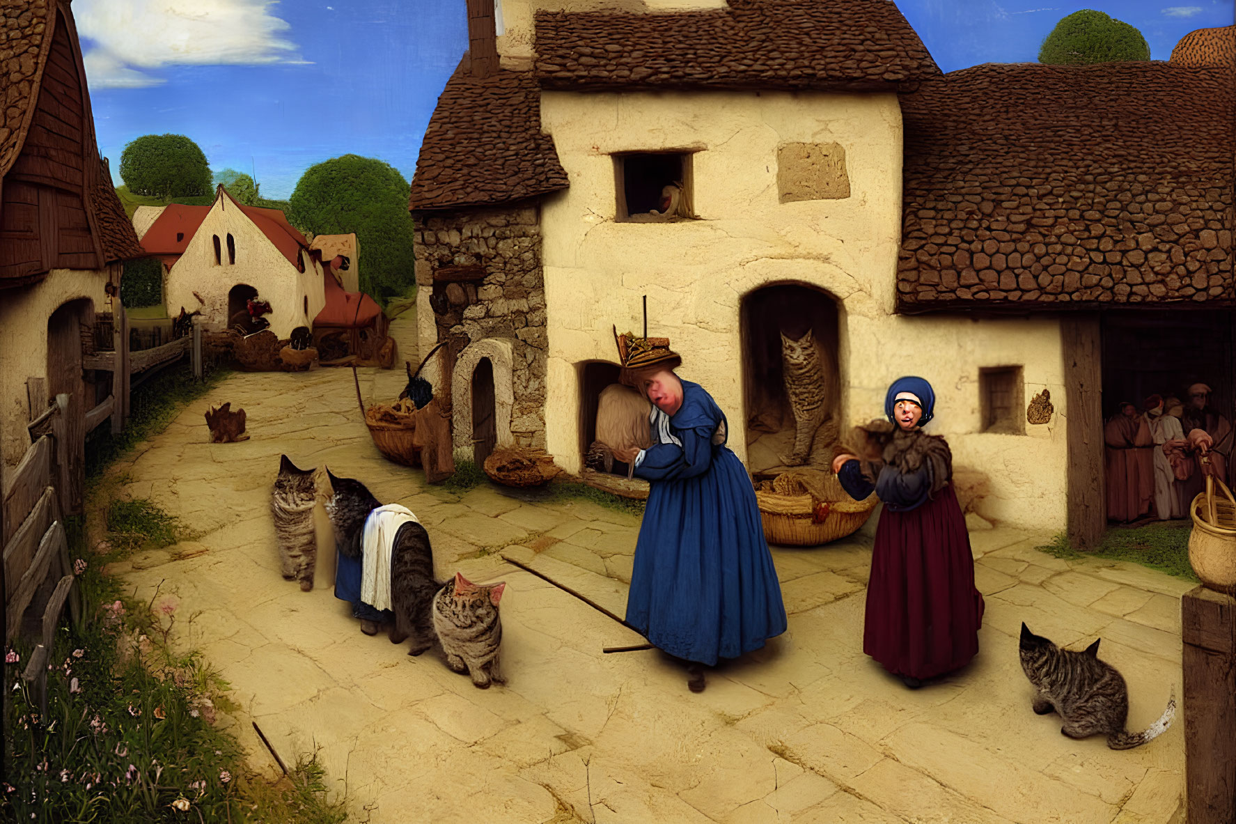 Medieval village scene with women, cats, and cottages under blue sky