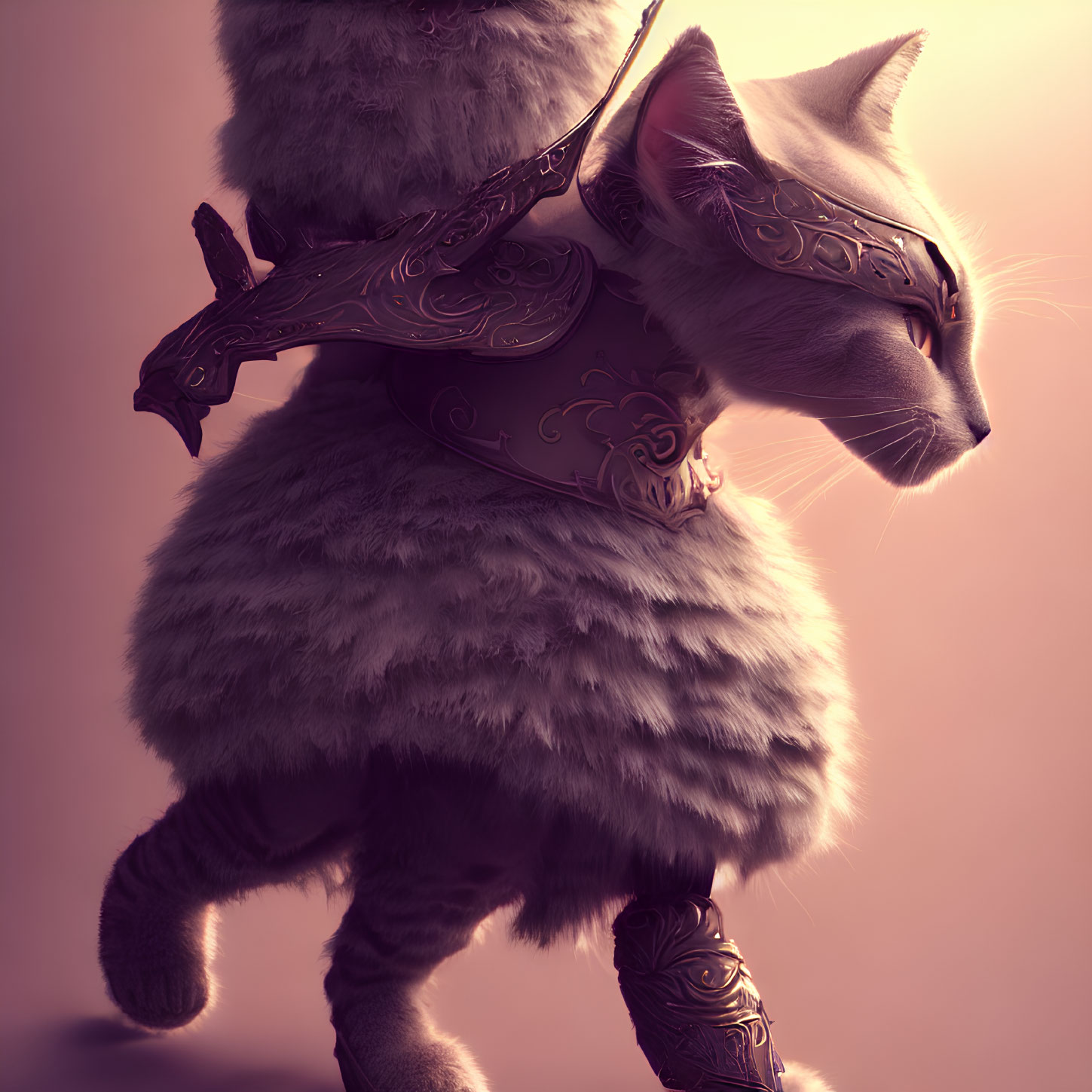 Fantasy cat in armor with sword and mystical aura in pinkish hue