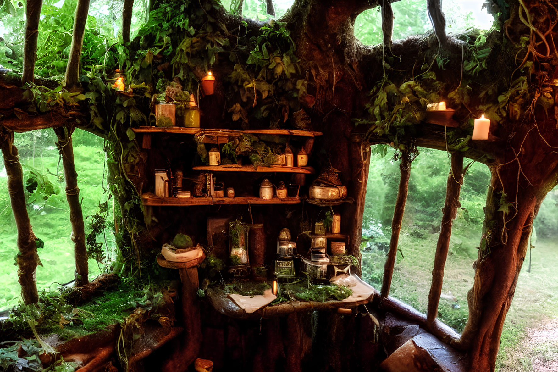 Cozy candle-lit tree nook with whimsical decor shelves