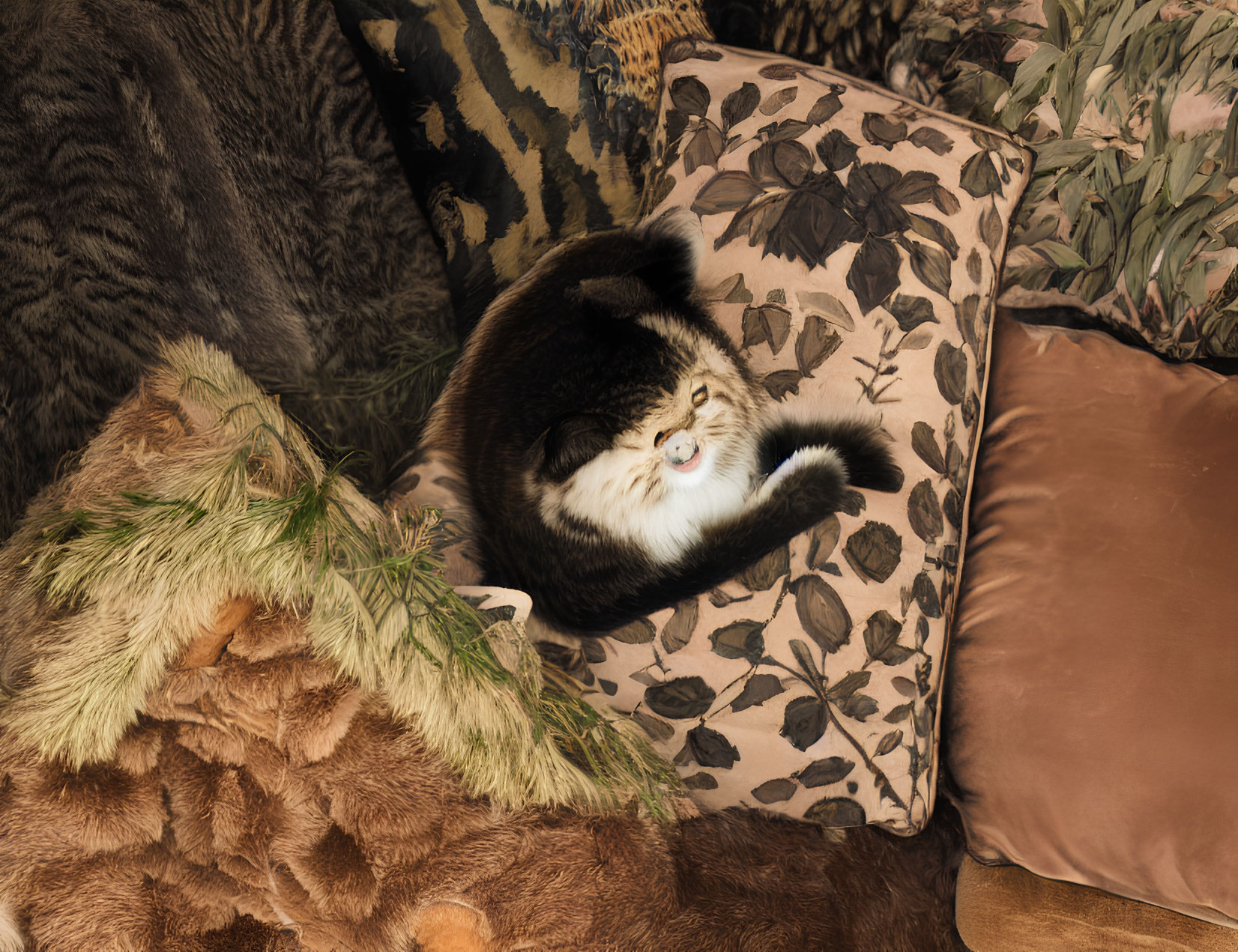 Cat relaxing among patterned and solid pillows with cozy blanket.