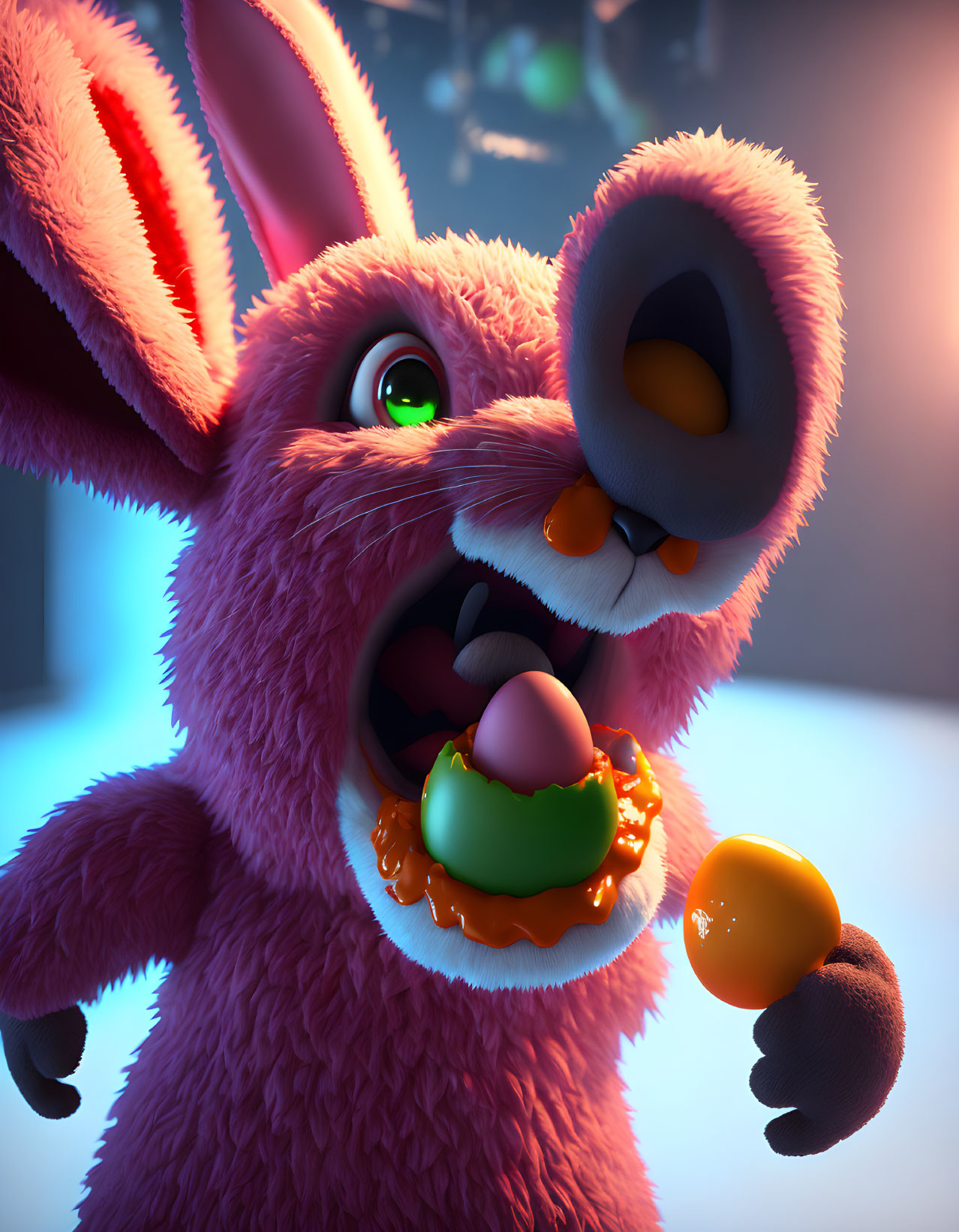 Close-up of 3D animated pink rabbit eating candy-covered chocolate egg