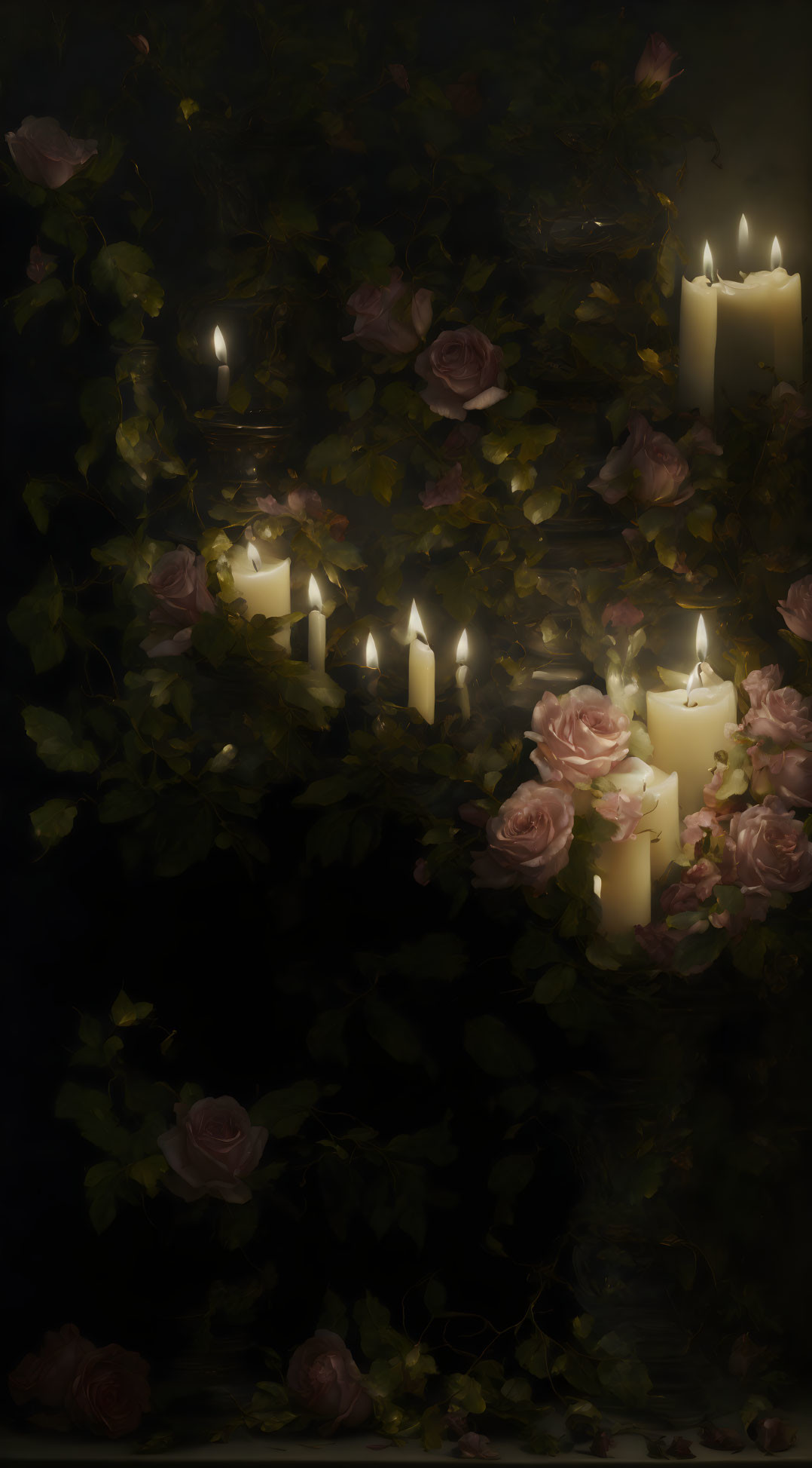 Dimly Lit Scene with Candles, Green Foliage, and Pink Roses