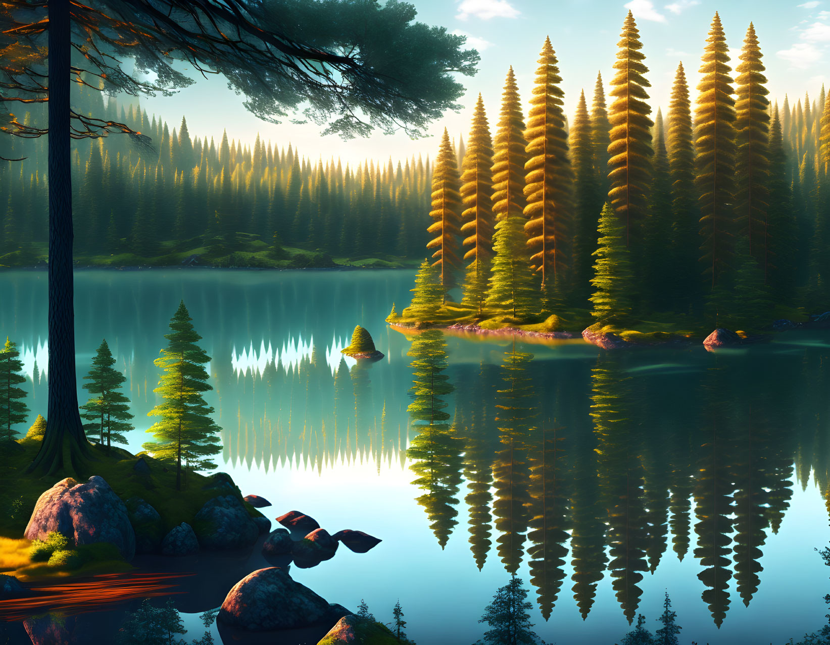 Serene Forest Lake Reflecting Coniferous Trees