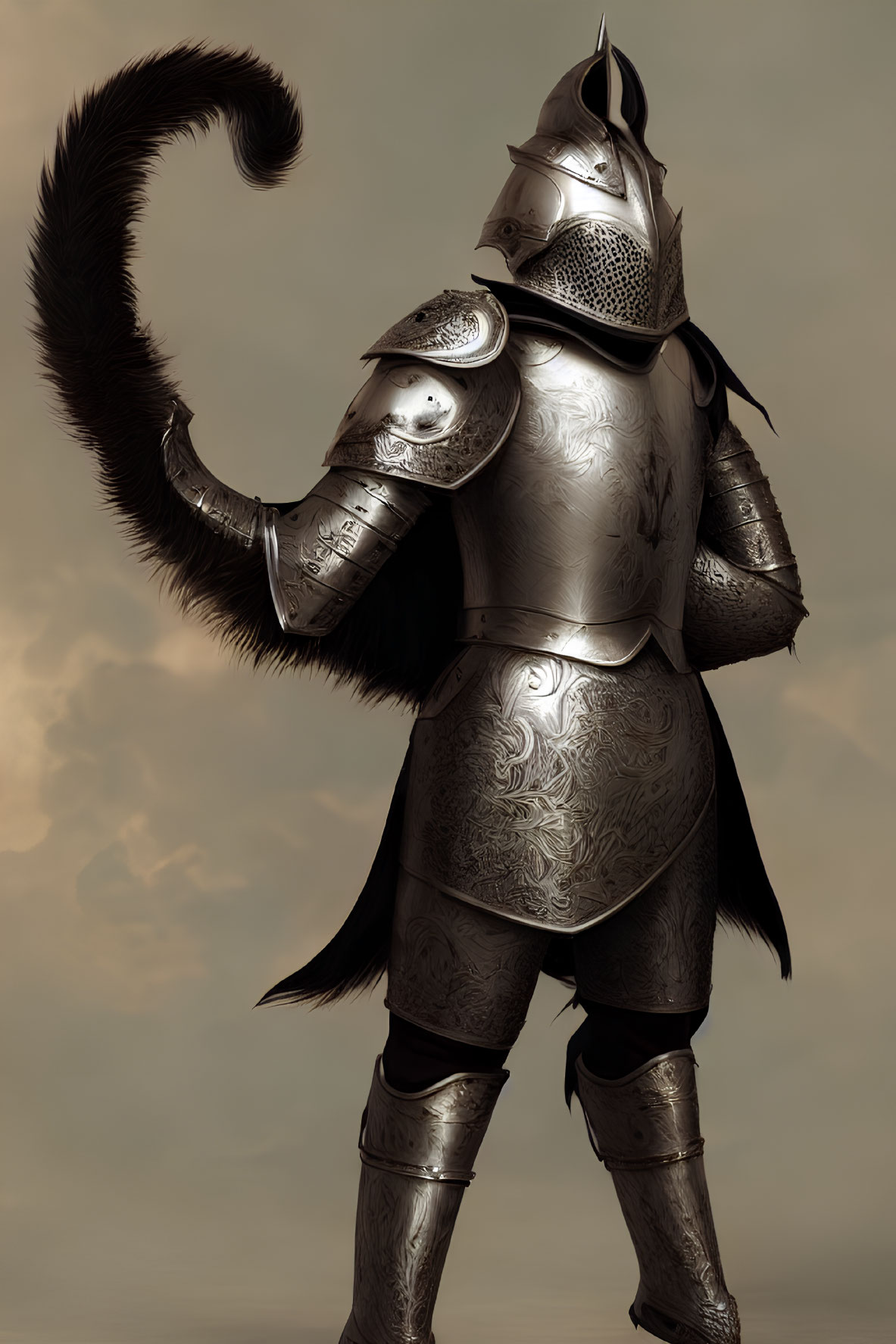 Medieval armor-clad figure with plumed helmet and tail on muted background