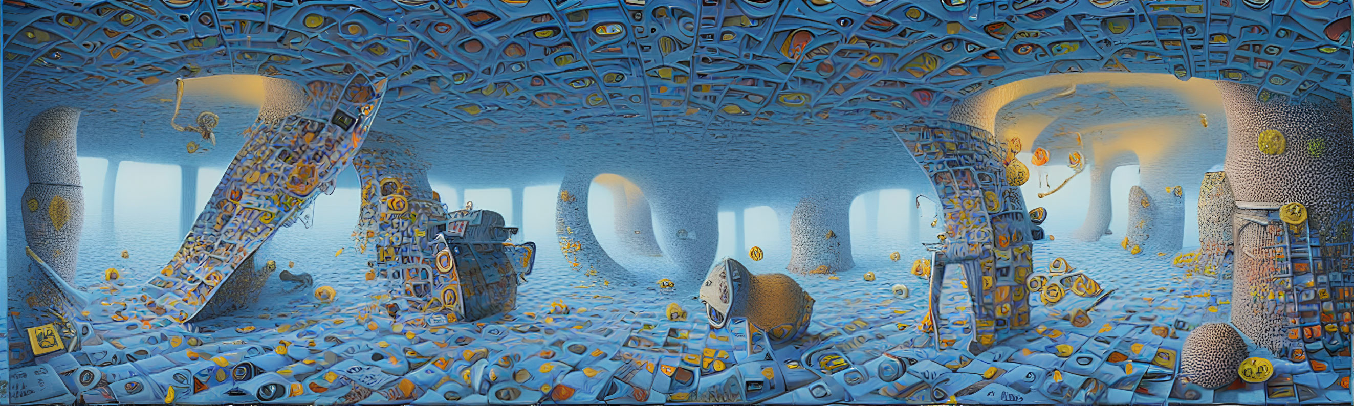 Panoramic surreal room with blue emoticons on walls and ceiling