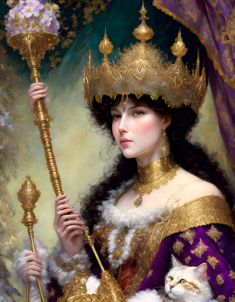 Regal woman in golden crown with white cat in ornate setting