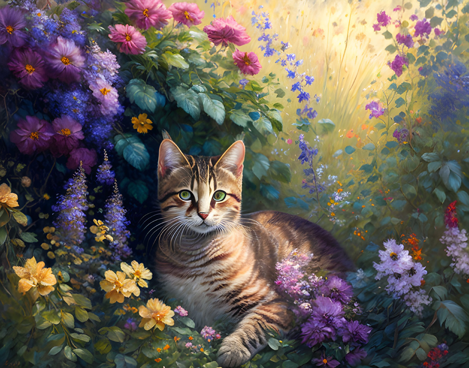 Striped cat with green eyes in vibrant garden setting