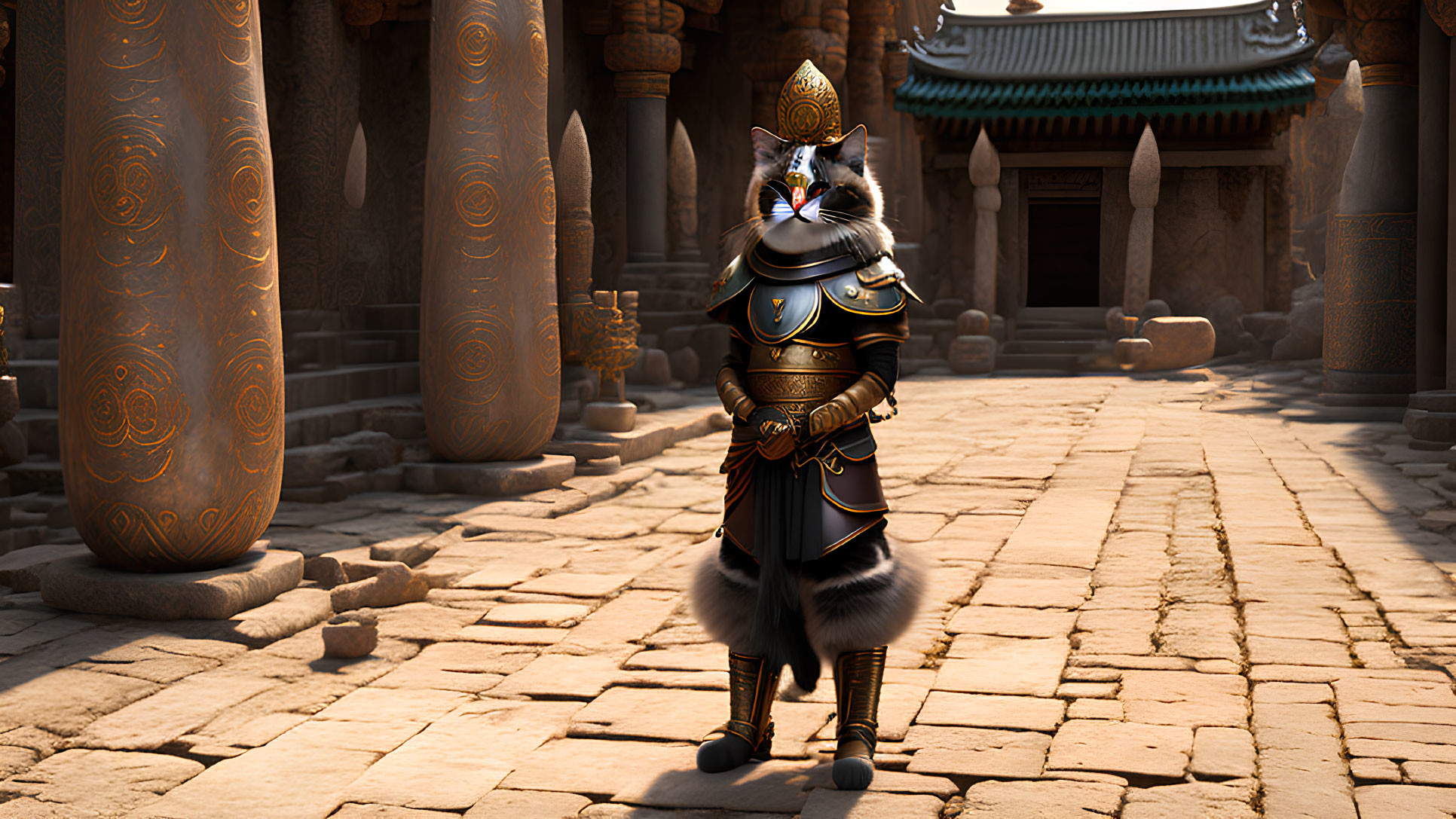 Animated Cat in Warrior Armor in Temple Courtyard with Ornate Pillars