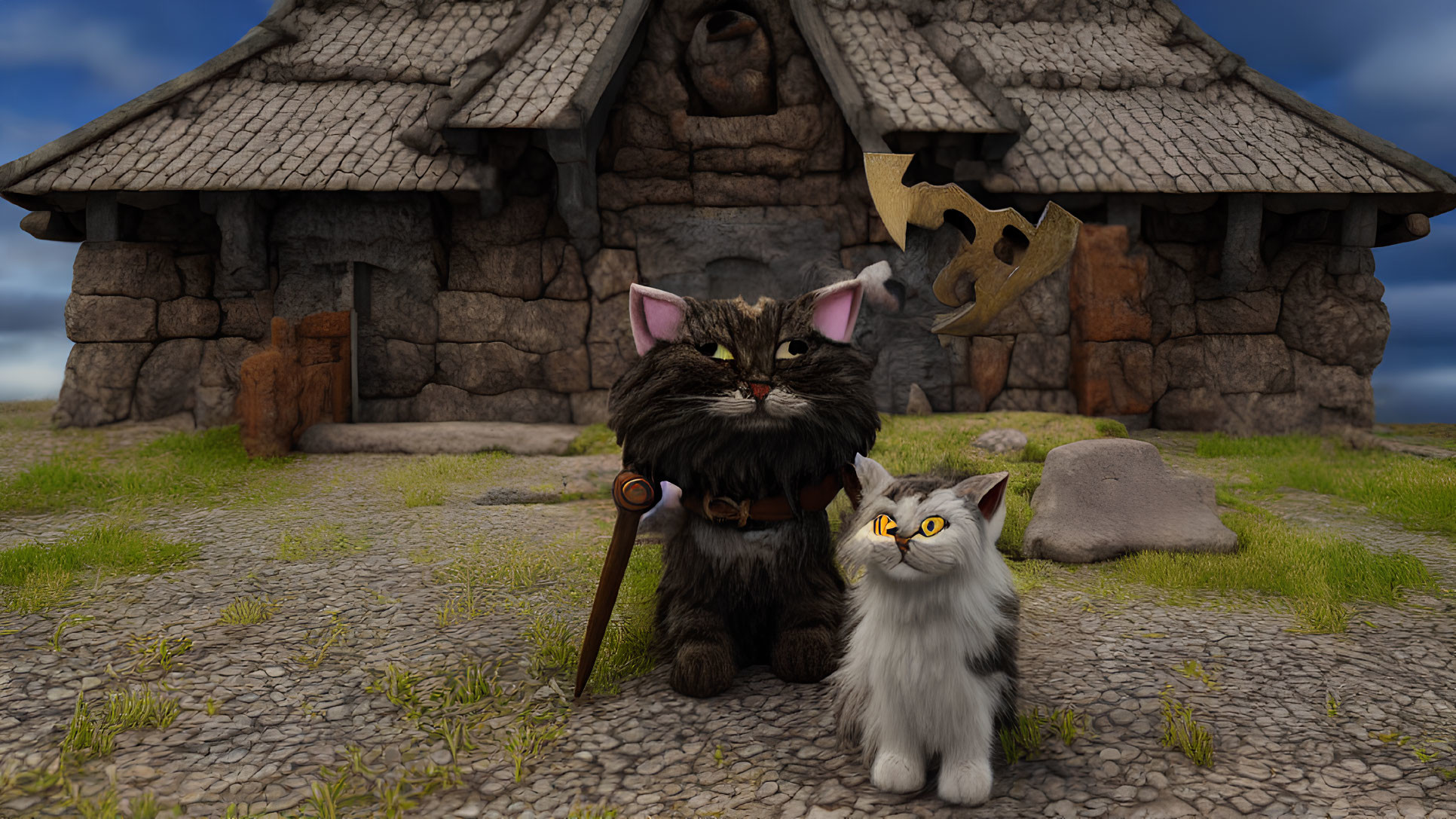 Fantasy warrior cats in unique armor at stone cottage under cloudy sky