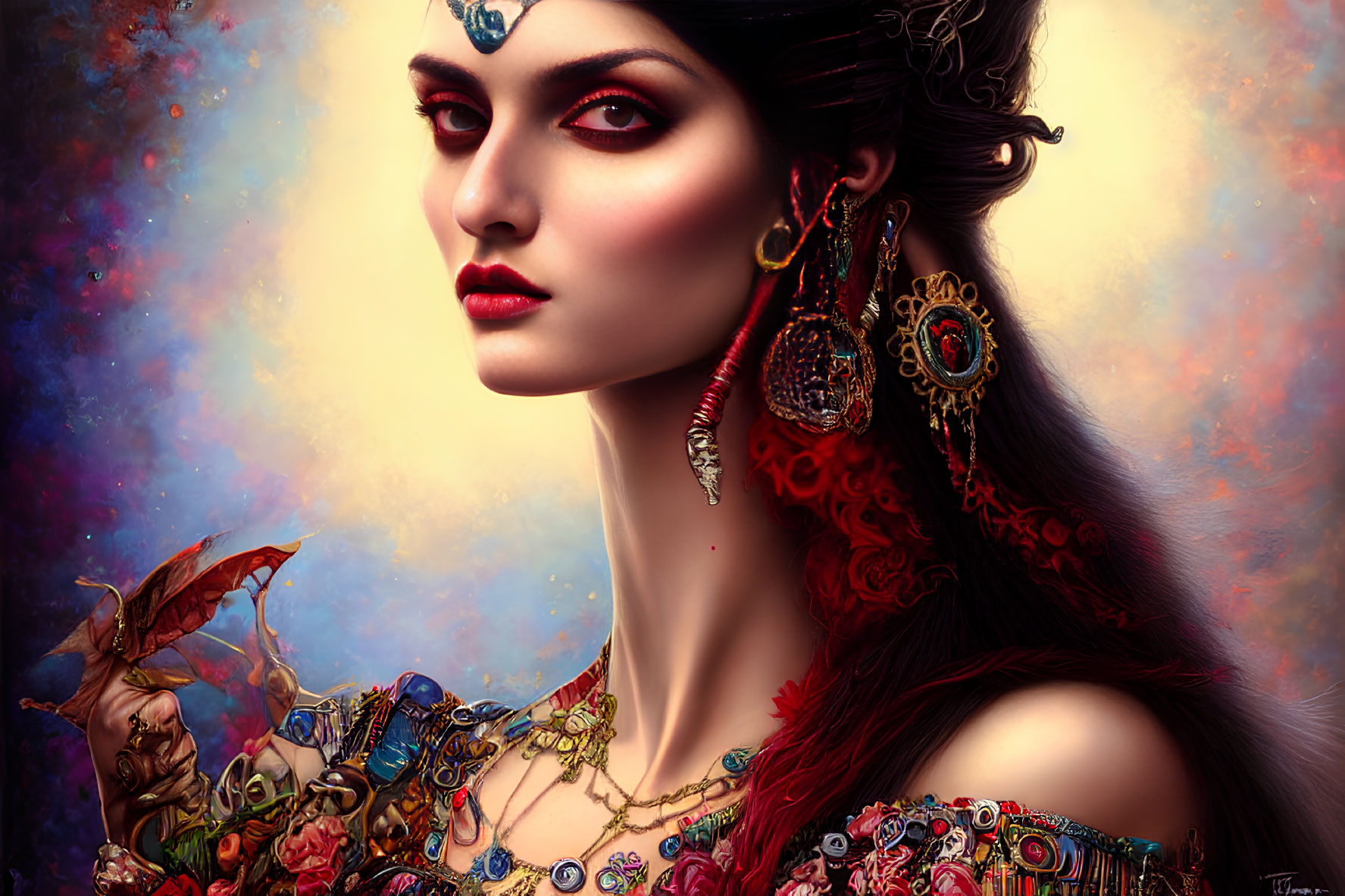 Illustrated woman with ornate jewelry in colorful attire on dreamy background