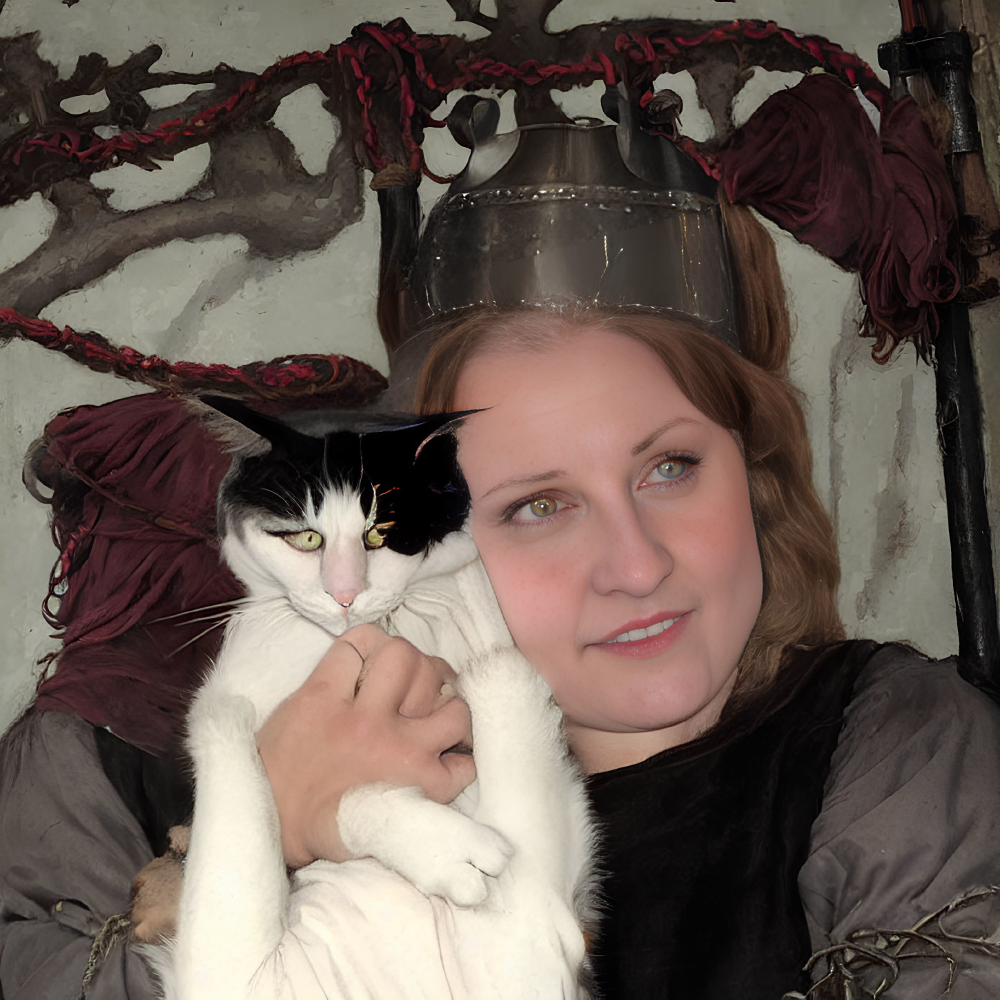 Medieval woman with black and white cat in chainmail coif and red fabric background.