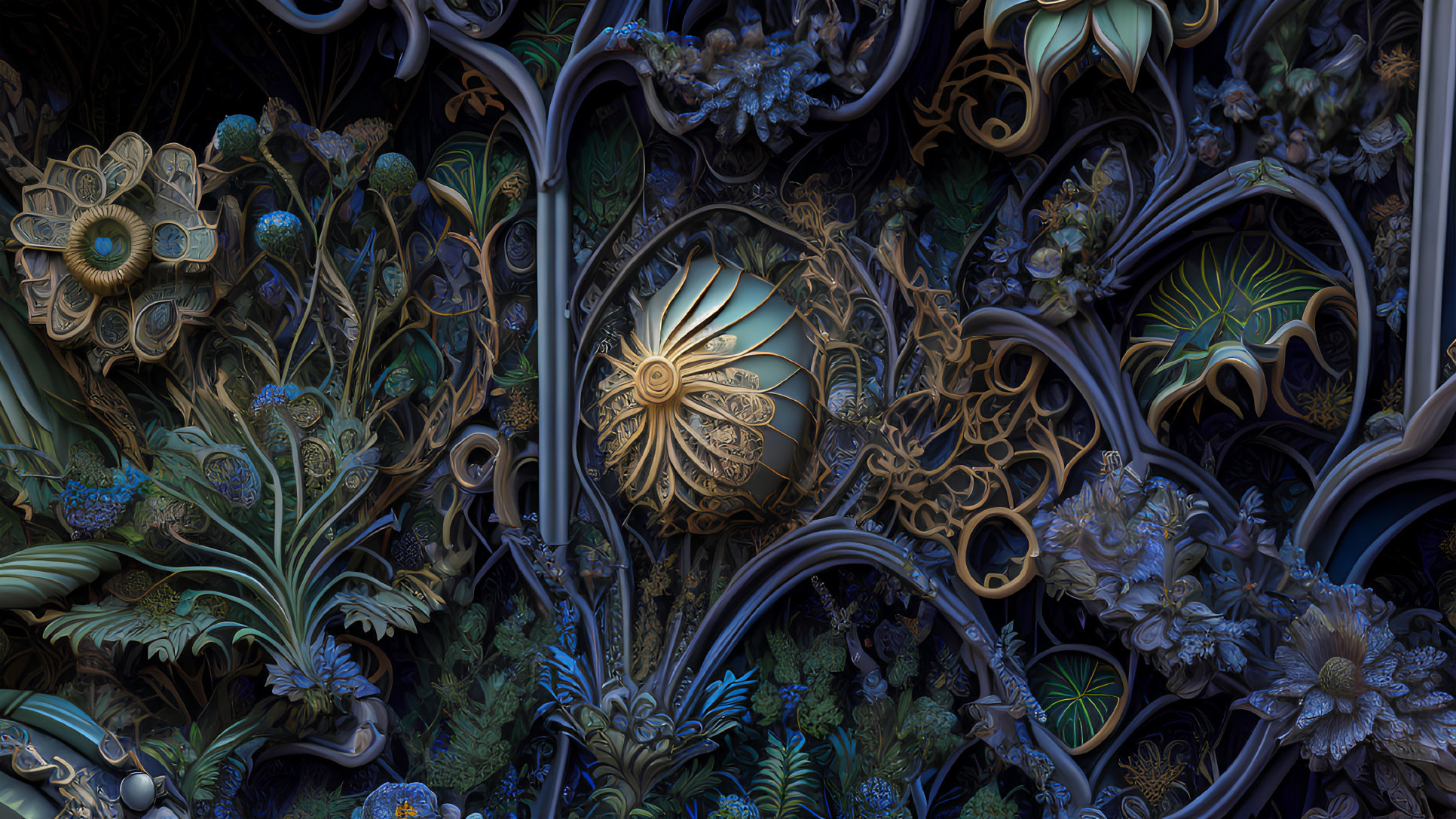 Detailed Dark-Toned Fractal Image with Floral Patterns