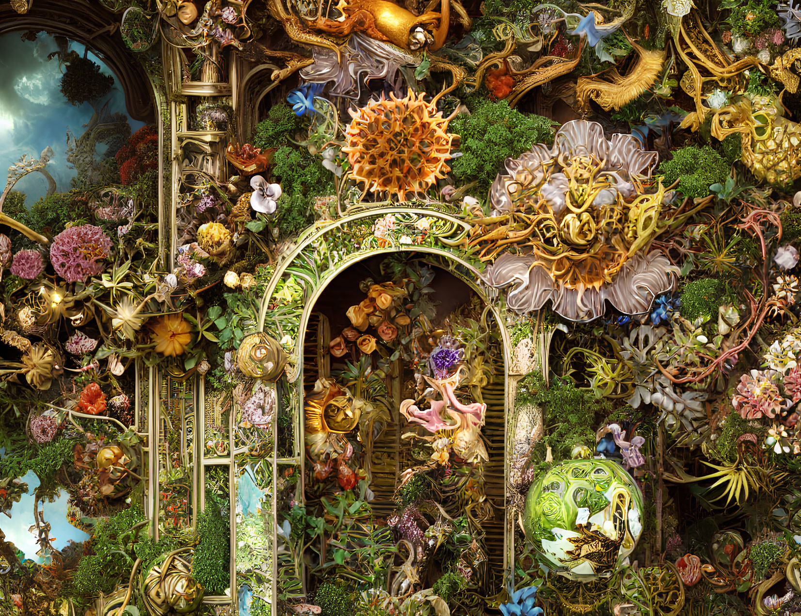 Fantastical collage of lush vegetation, creatures, and architecture