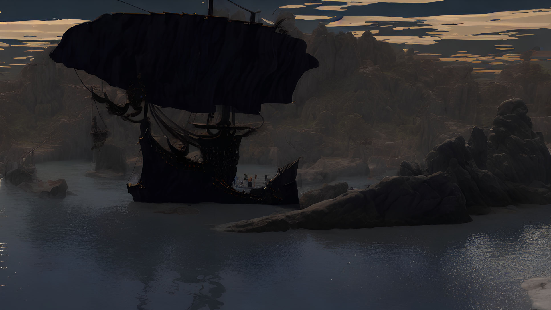 Pirate ship with black sail navigating rocky cliffs at twilight