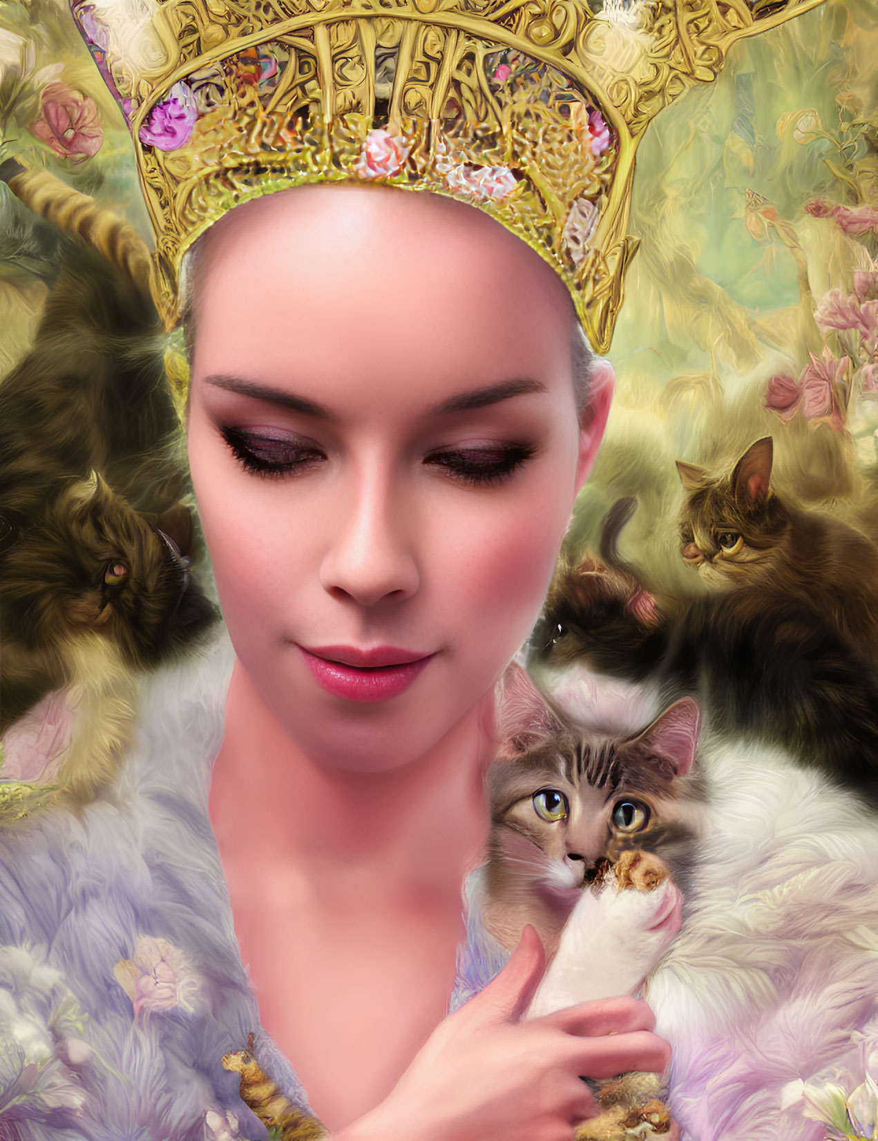 Woman with Crown Holding Cat Surrounded by Cats in Floral Setting