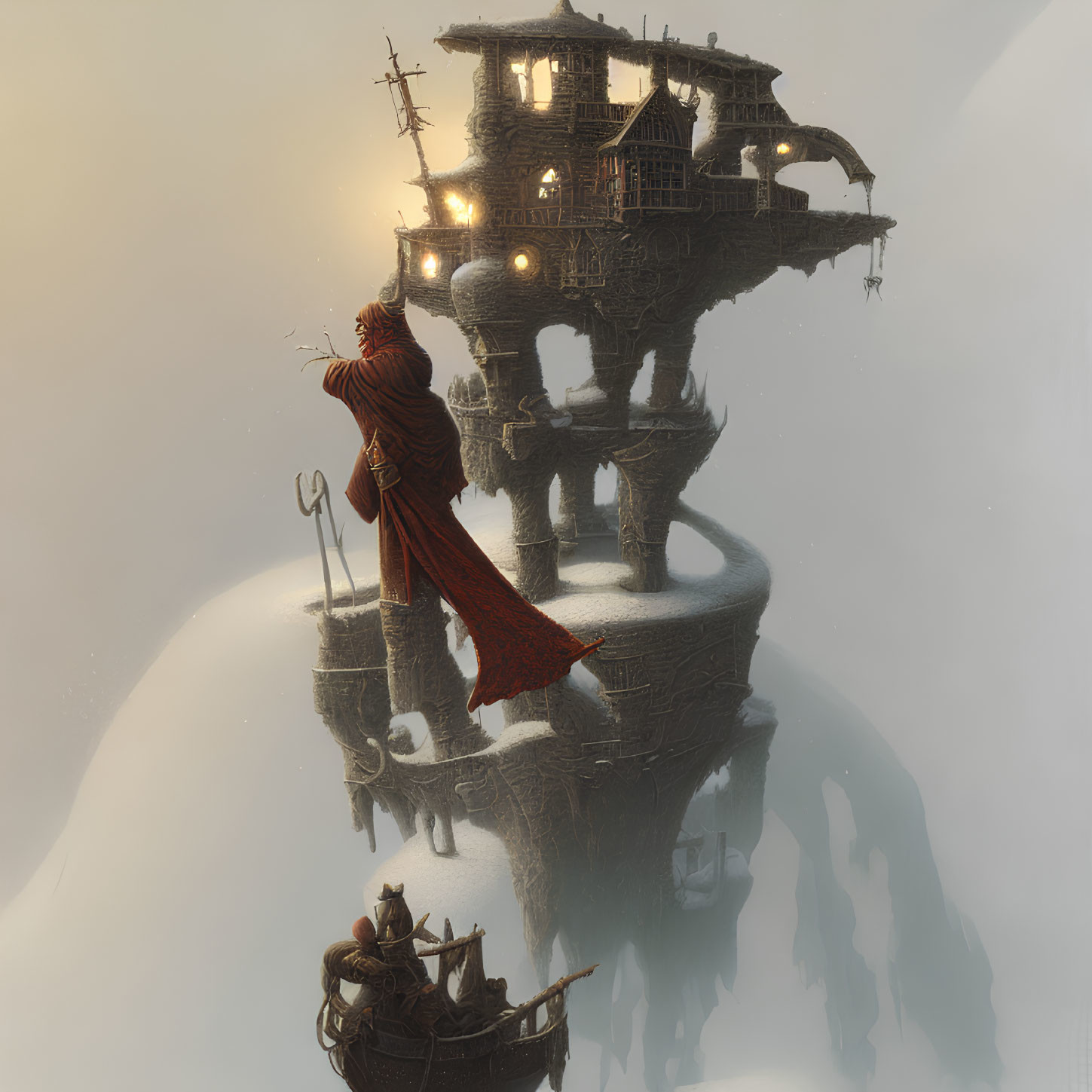 Robed Figure on Foggy Island with House and Ships Viewed from Above