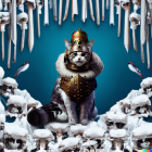 Tabby cat in medieval armor in fantasy ice and skull backdrop