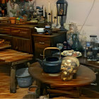 Eclectic, glowing artifacts in dimly lit room