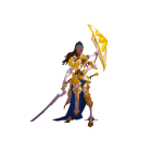 Female warrior in golden armor with sword and shield on dark background