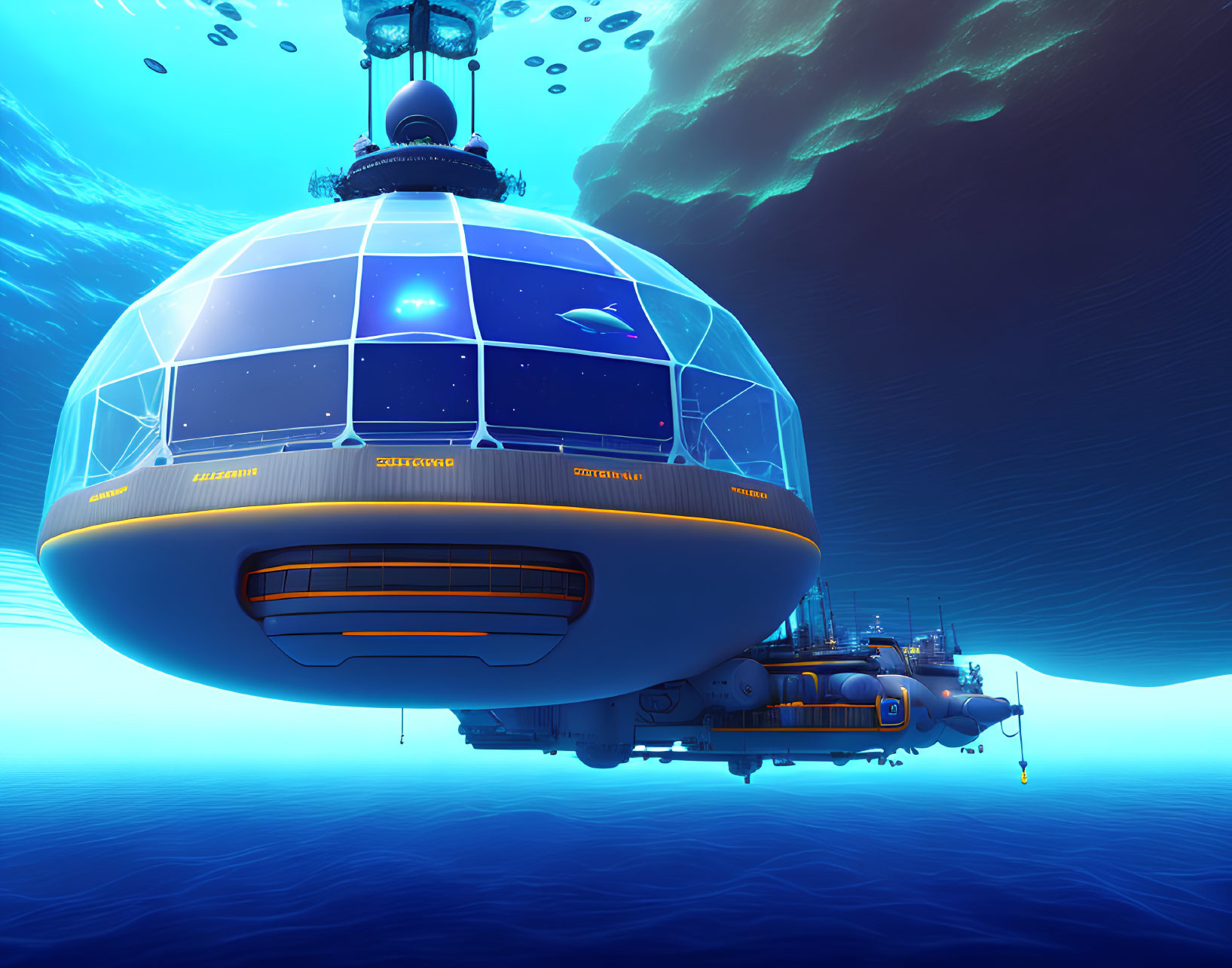 Futuristic underwater observatory with large dome and marine life in deep blue ocean