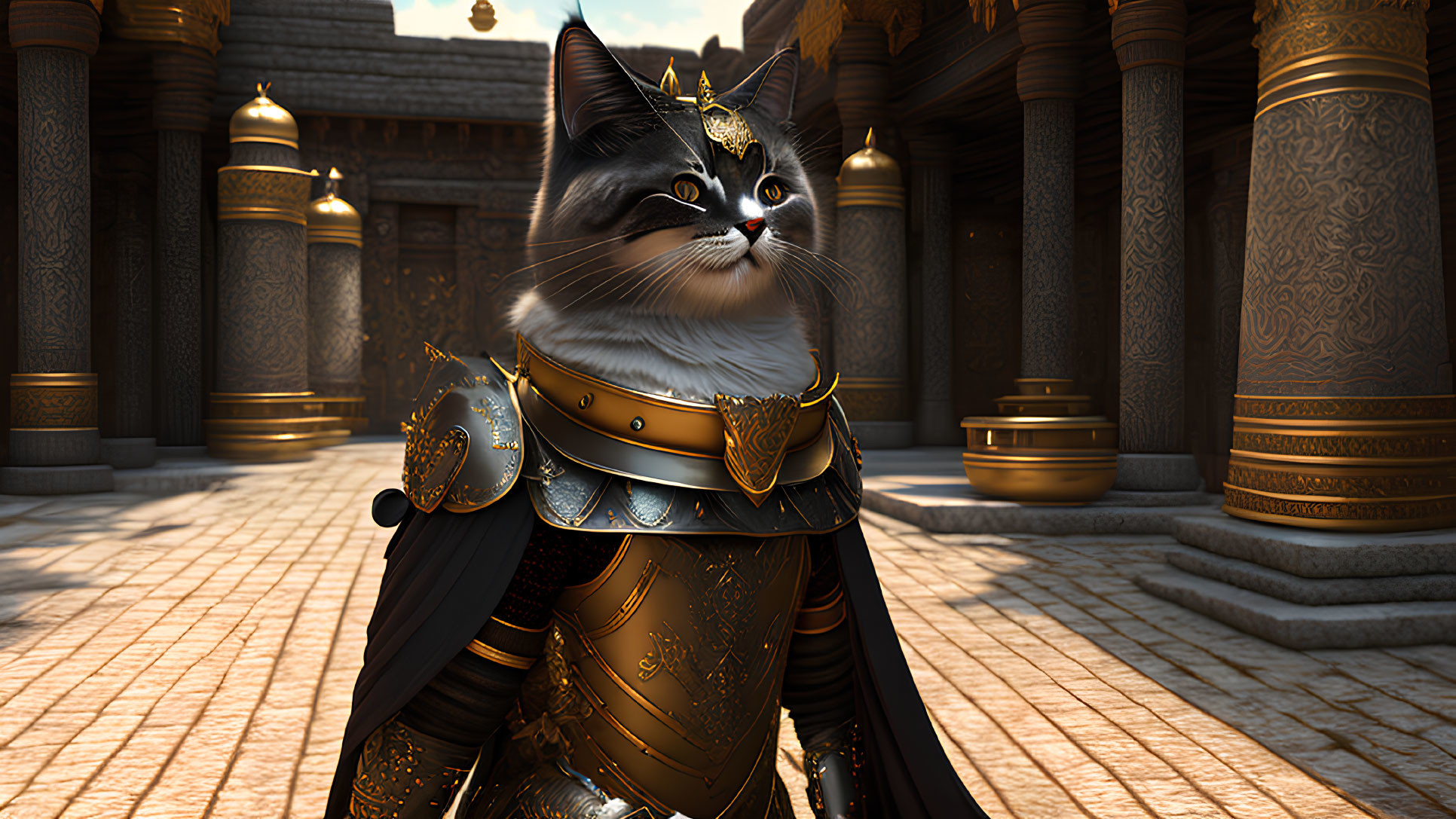 Majestic cat in medieval-style armor with gold detailing in grand stone corridor