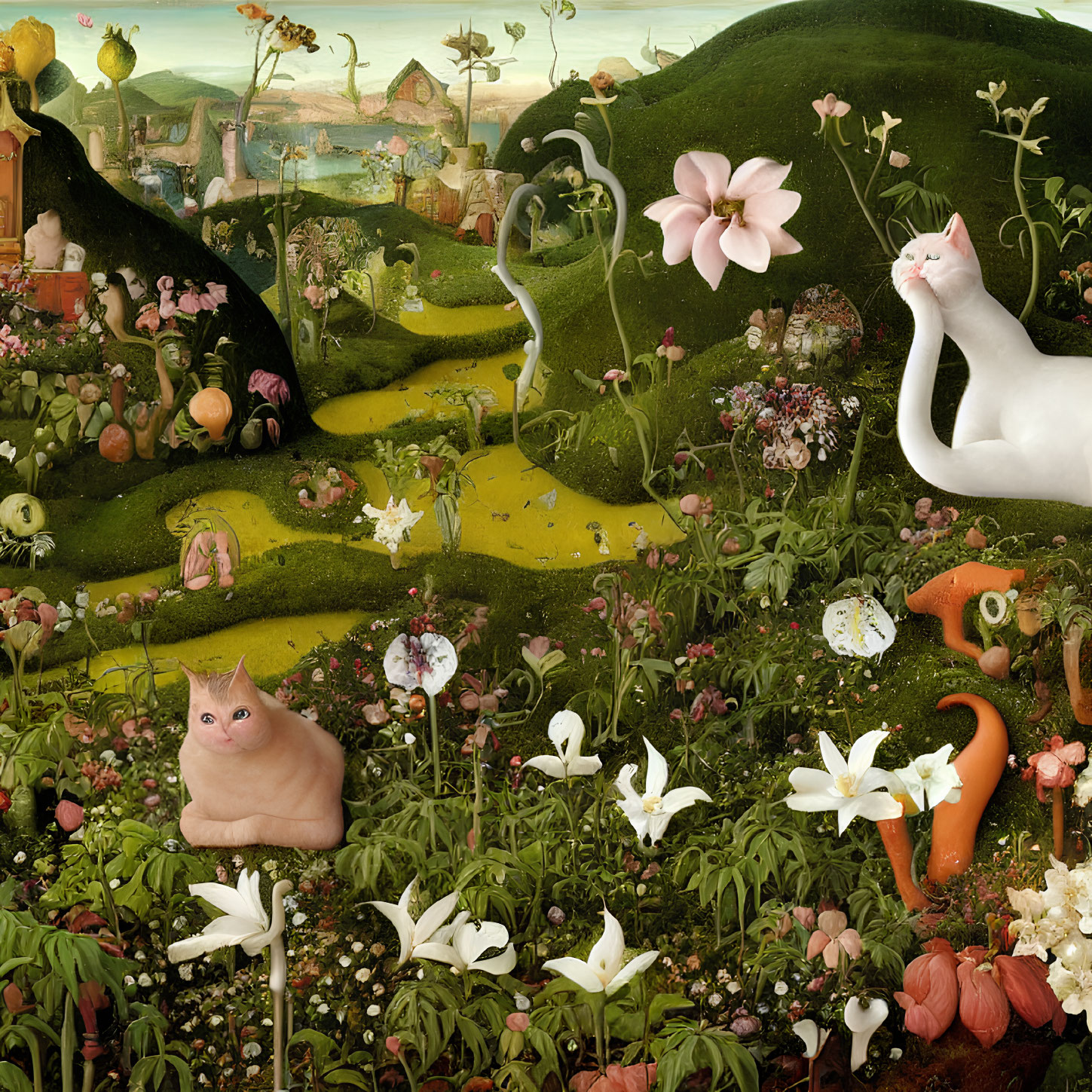 Whimsical garden scene with oversized flowers and two cats blending in nature