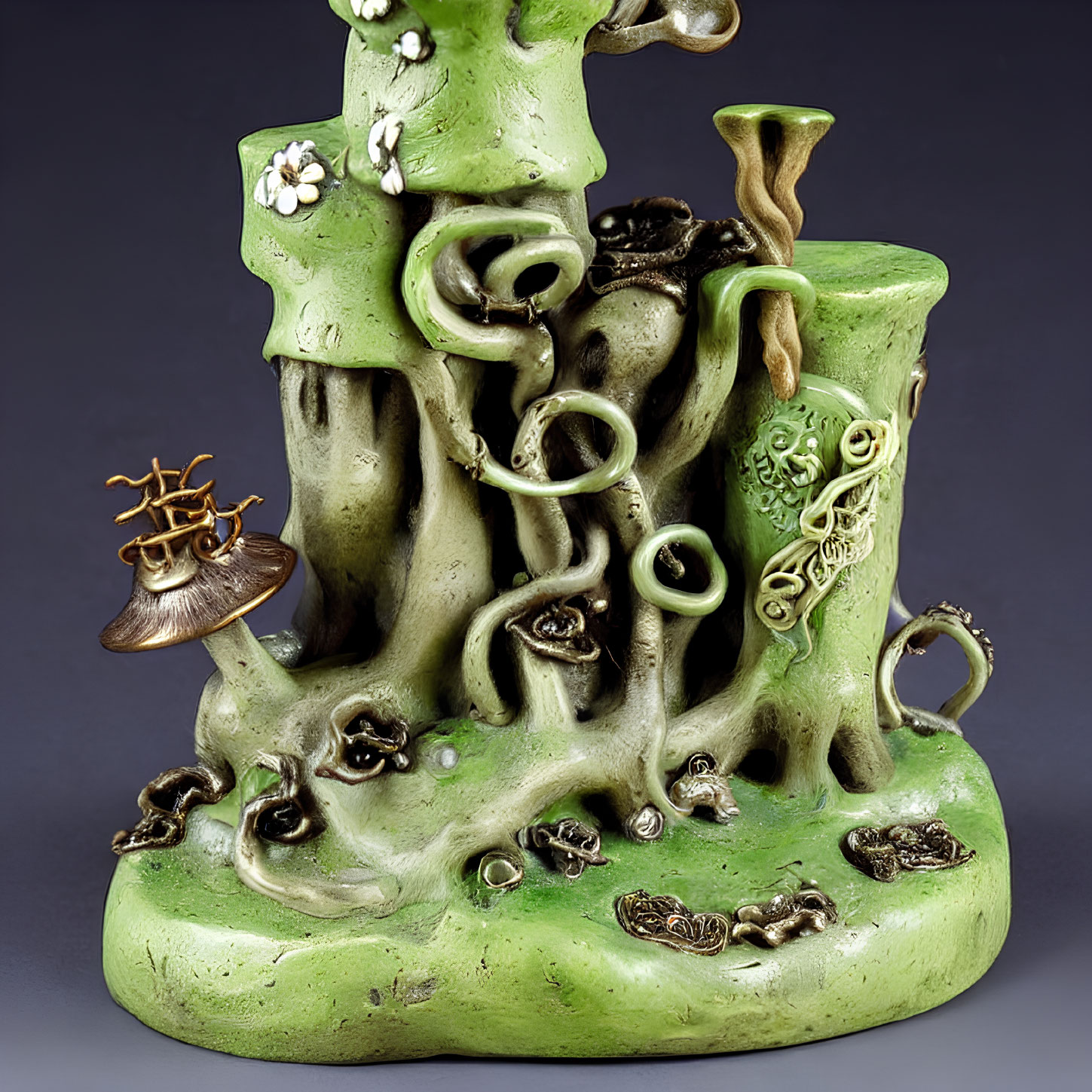 Intricately detailed green fantasy tree sculpture with Celtic knot patterns