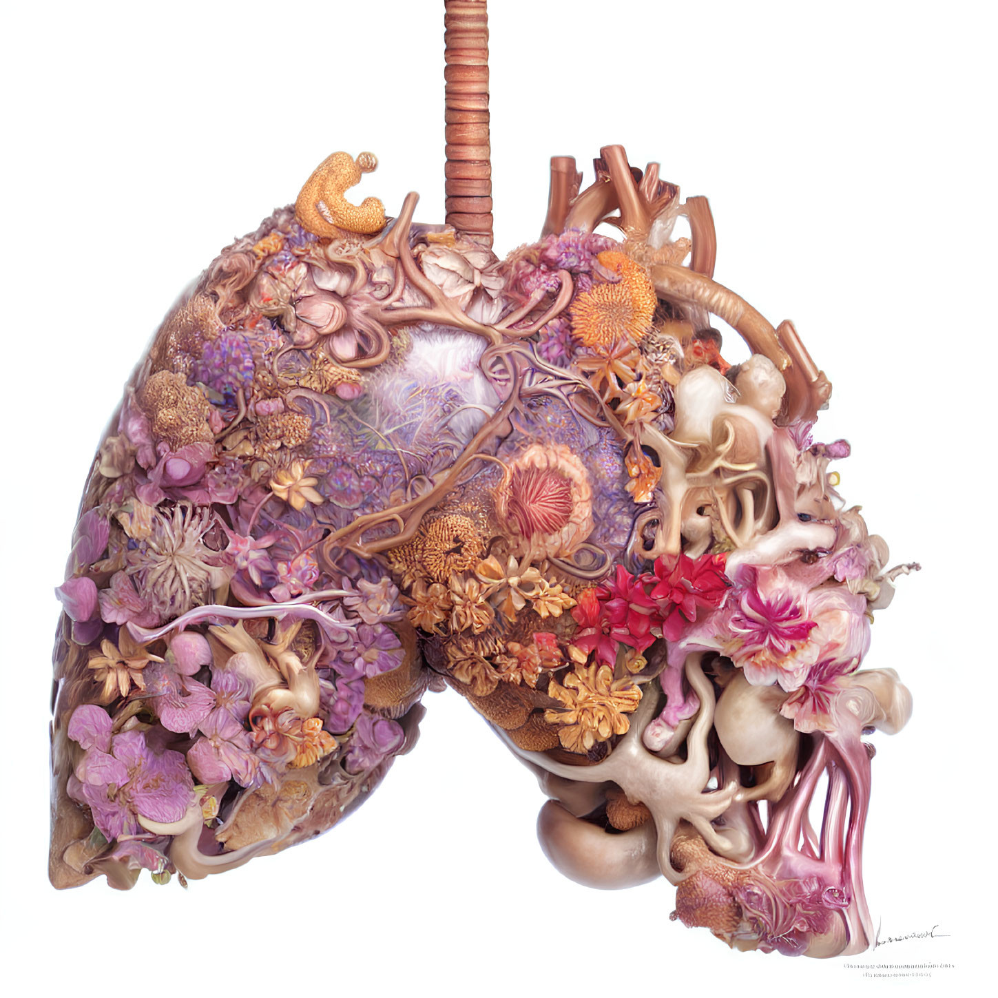 Human lungs and airways transformed into colorful floral bouquet