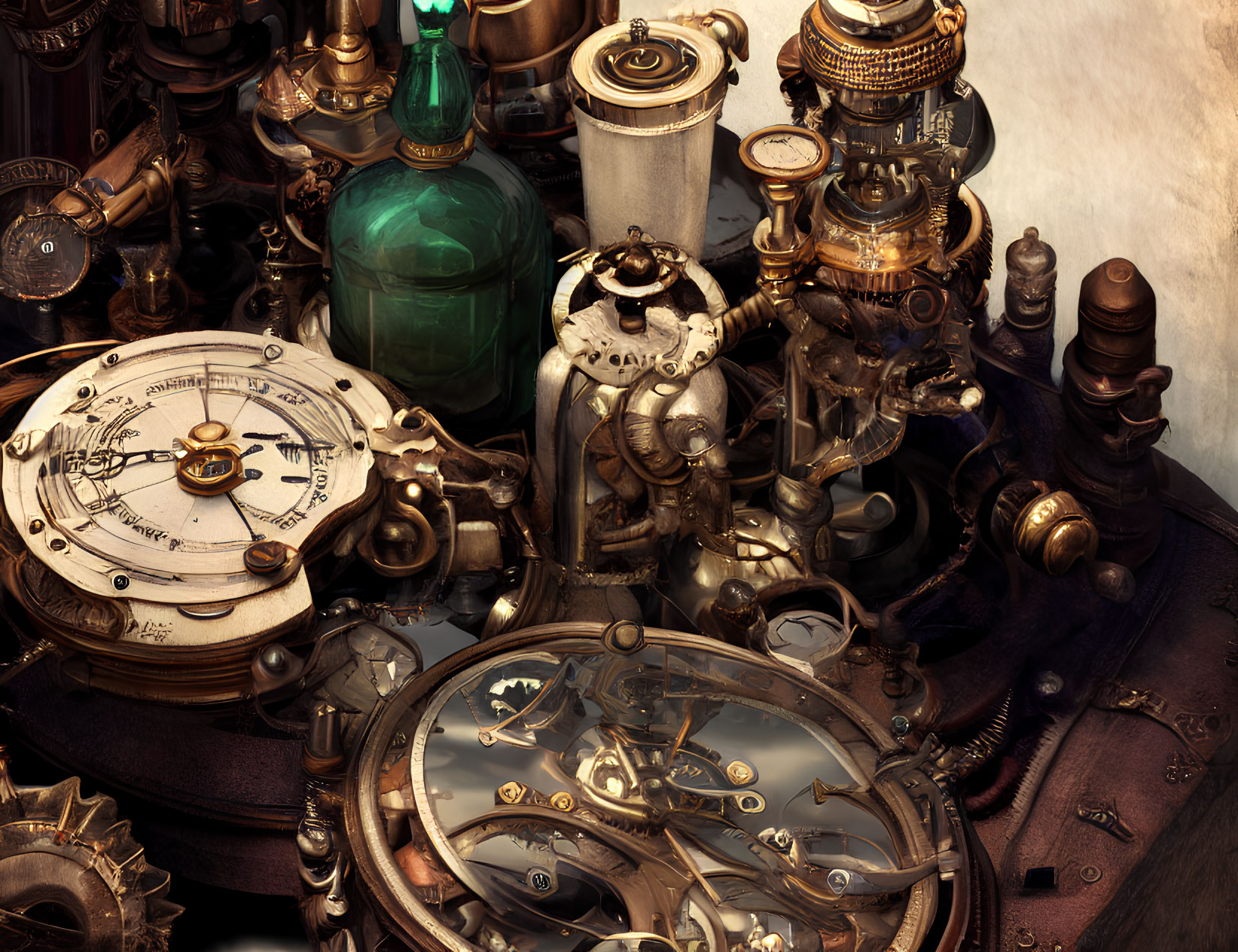 Steampunk devices with gears and cogs next to green glass bottle on cloth surface