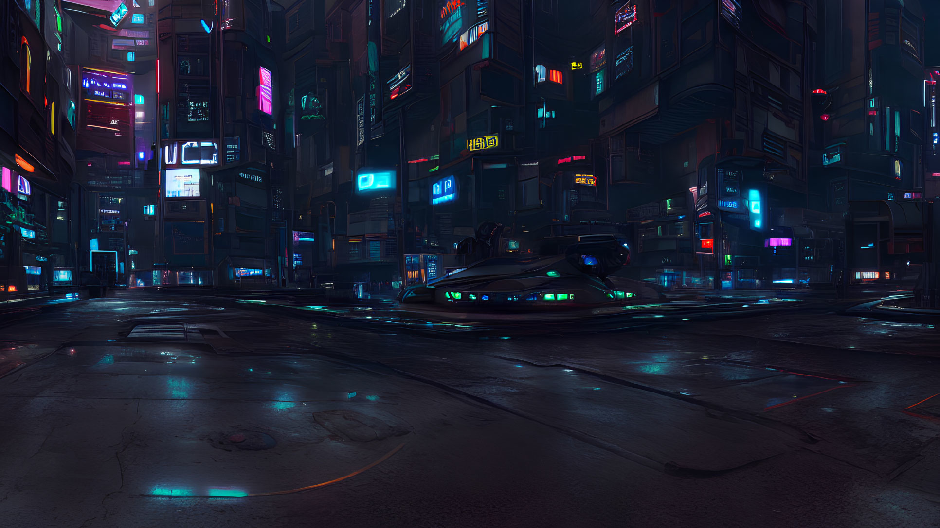 Futuristic night cityscape with neon signs, flying car, and vibrant lights.