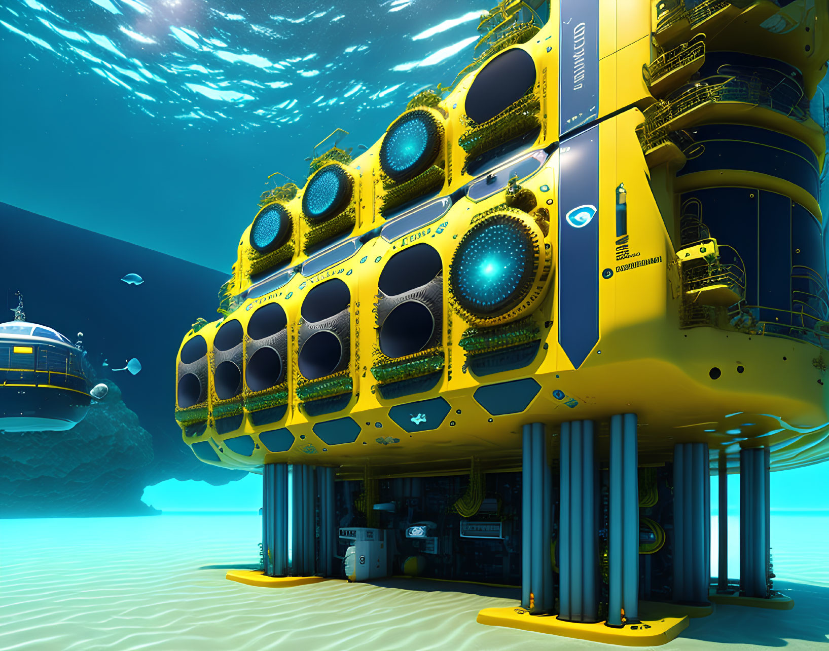 Futuristic underwater habitat with circular windows and submarines on ocean floor