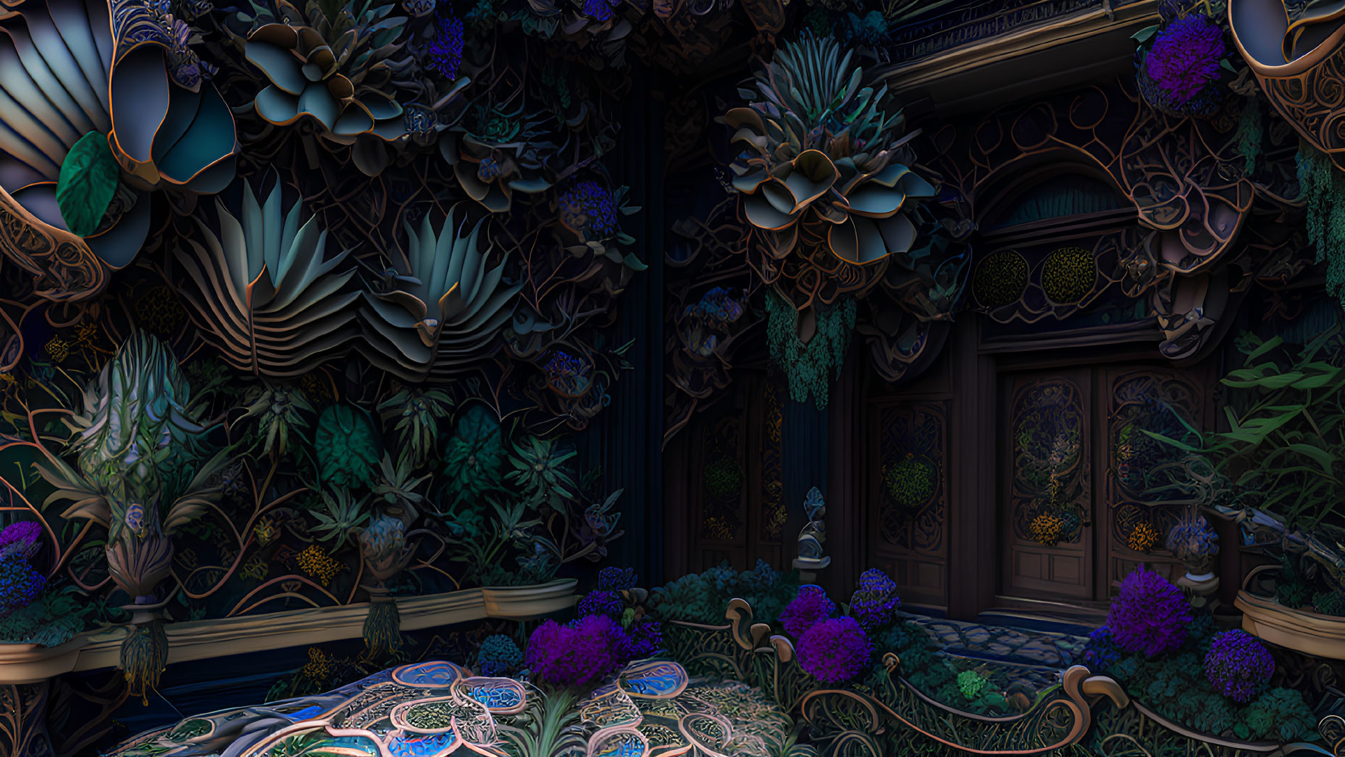 Intricate Dark Blue and Purple Indoor Garden with Sculpted Flora