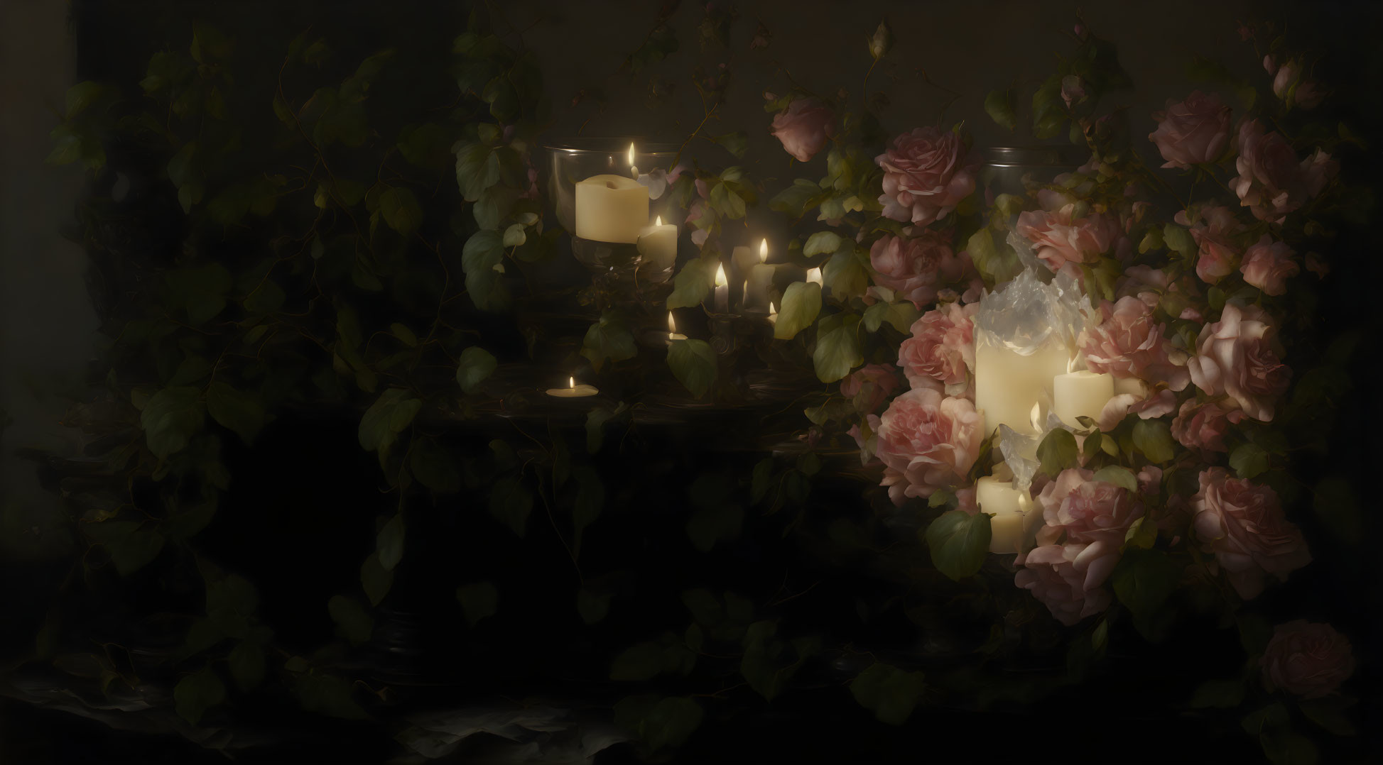 Tranquil still life with candles, pink roses, and green foliage