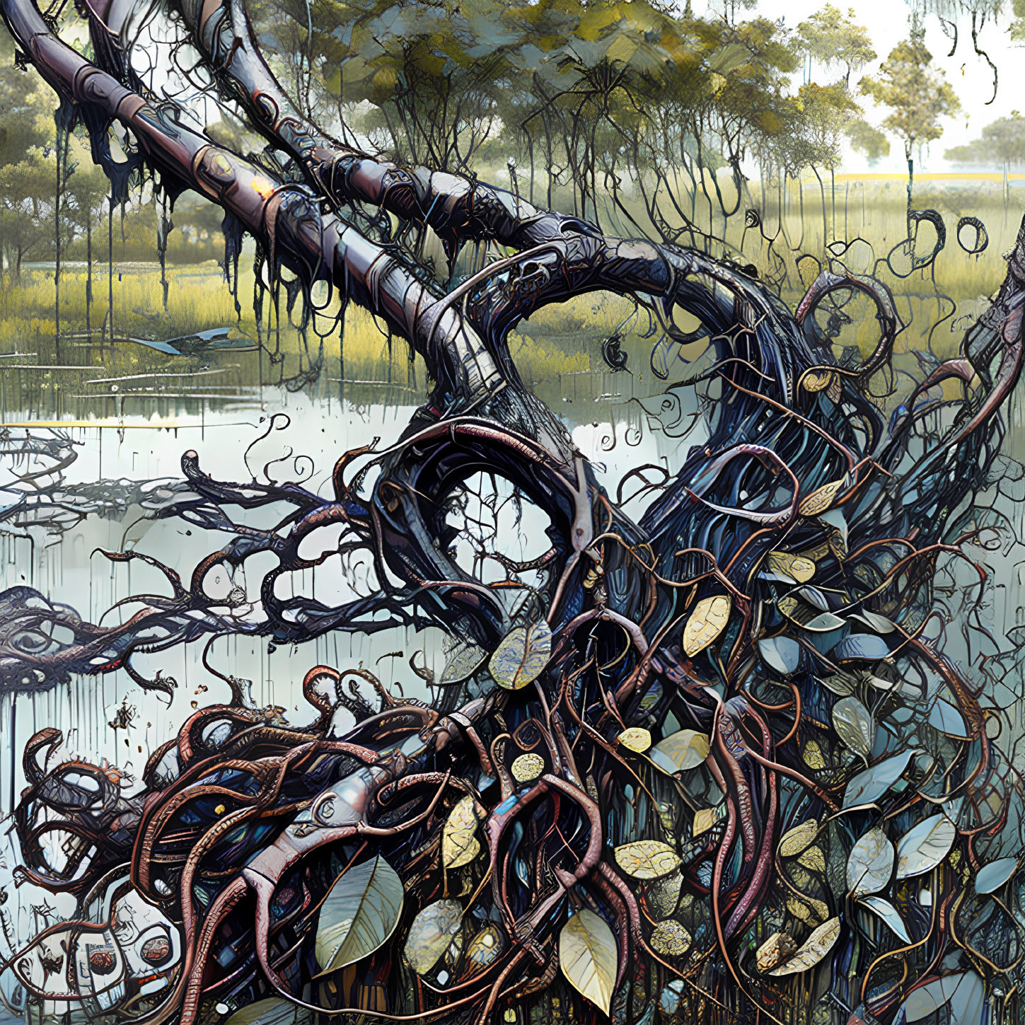 Intricate illustration of intertwining branches and roots in abstract natural landscape