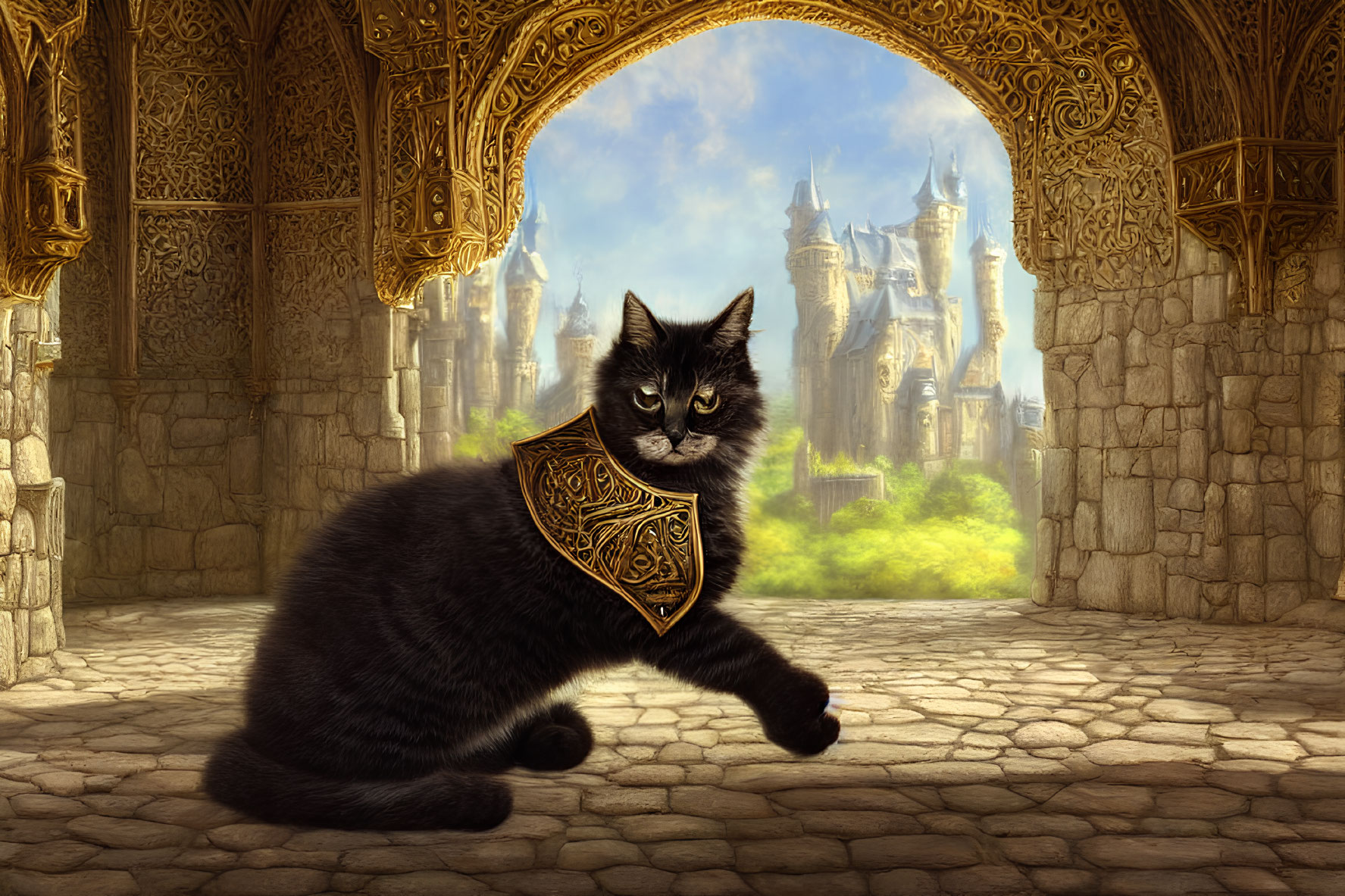 Black Cat with Golden Collar at Ornate Archway in Fantasy Castle Setting