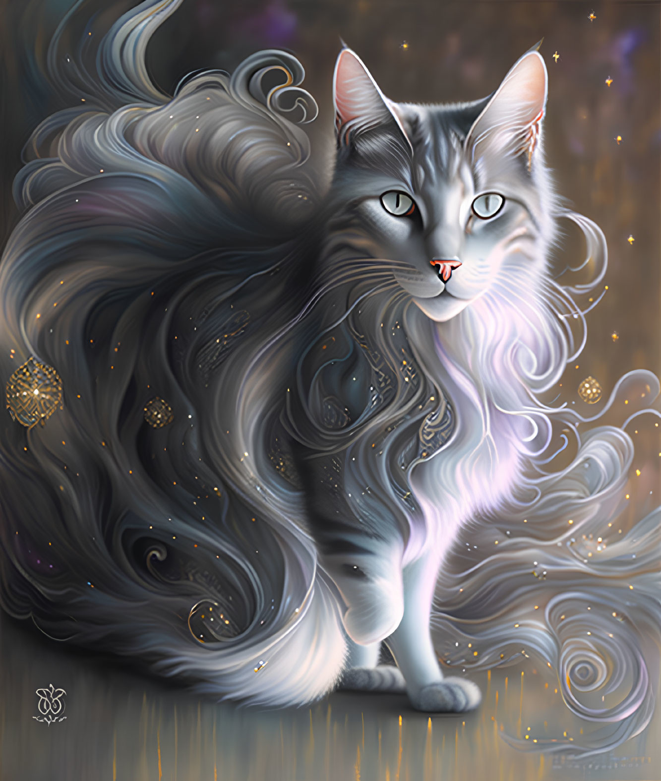 Mystical digital artwork: Cat with swirling grey-blue fur, amber eyes, cosmic background