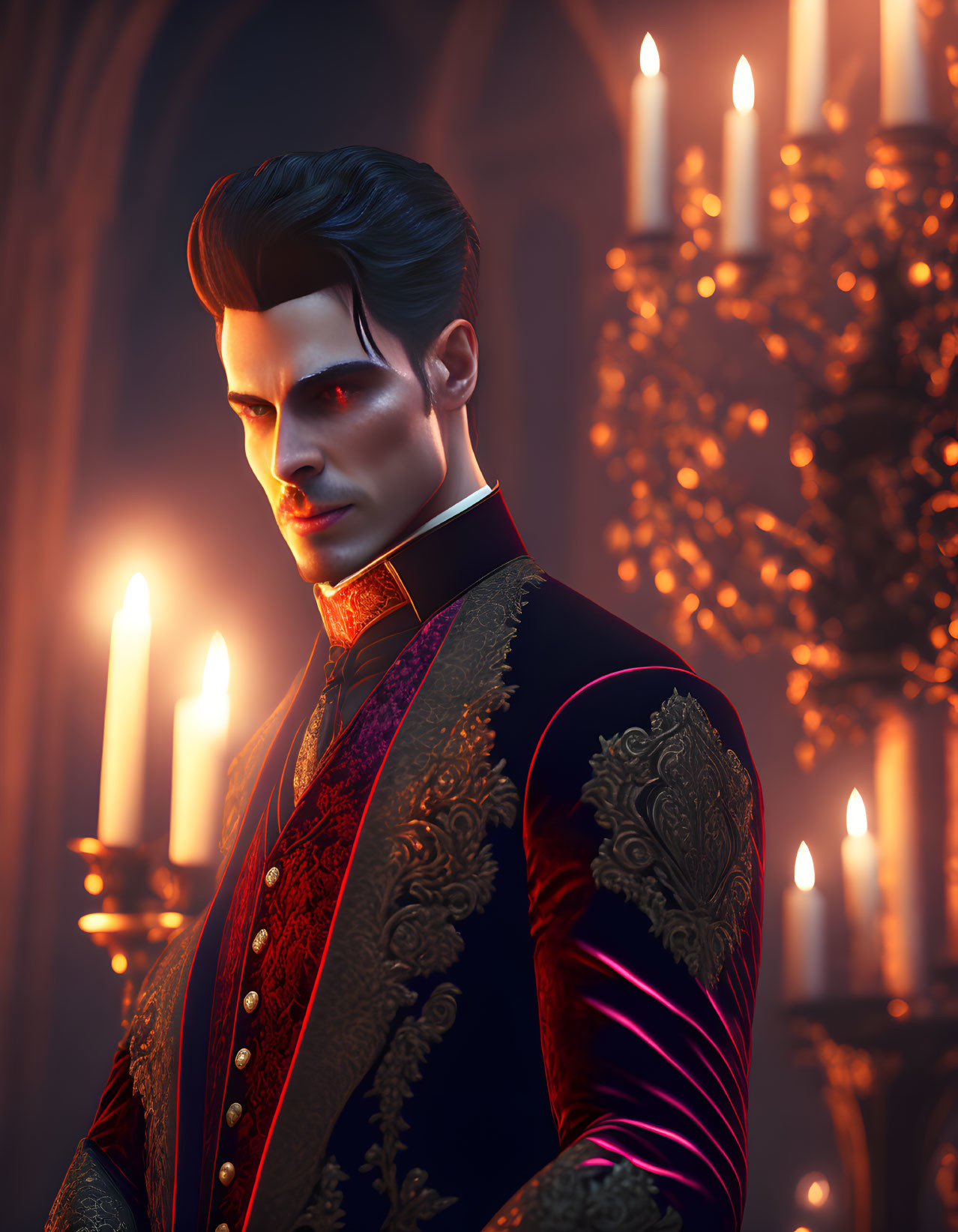 Stylized vampire character in ornate black and gold jacket with red eyes, surrounded by candlelit