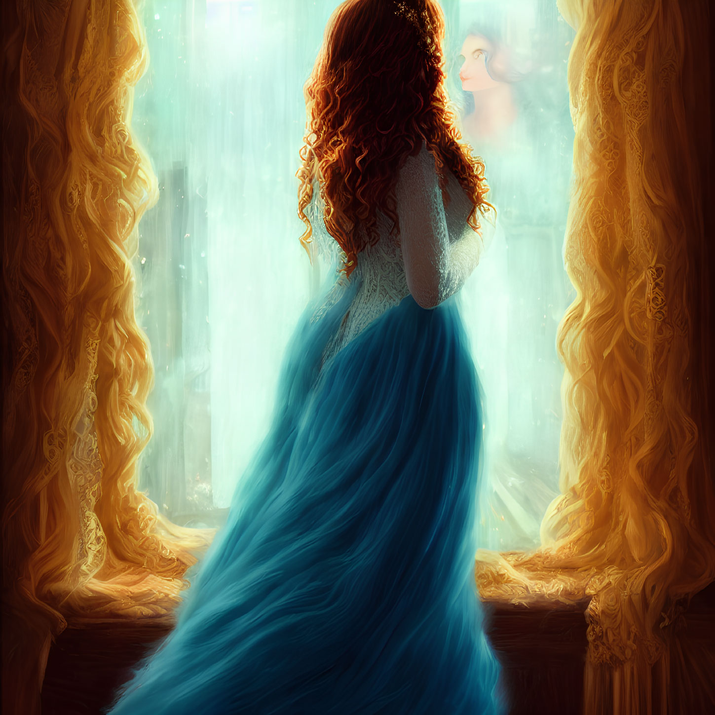 Red-haired woman in blue gown silhouetted by sunlight near window