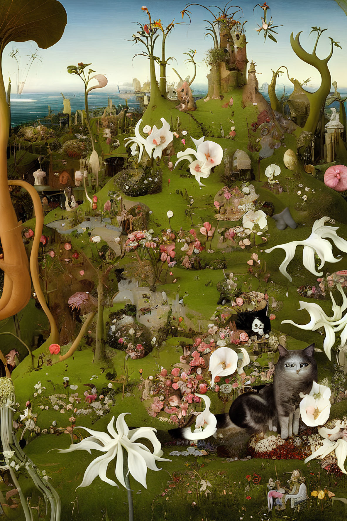 Surreal landscape featuring large cat, blooming flowers, and distant towers