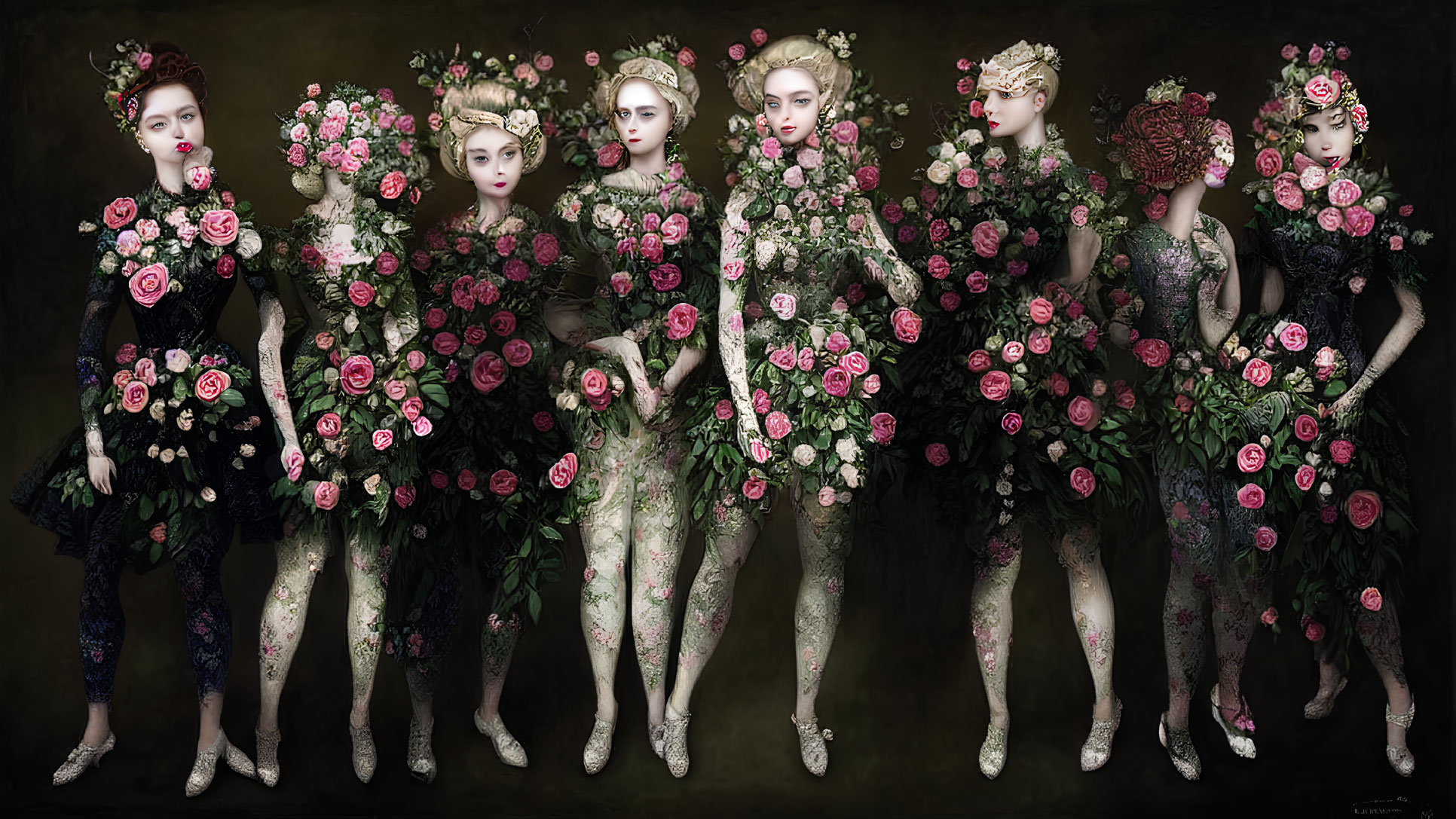 Seven stylized female figures with floral designs on hair and dresses on dark background