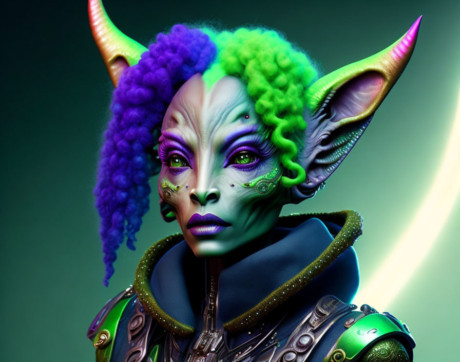 Purple and green-haired fantastical creature with pointed ears and elaborate makeup on a gradated background.